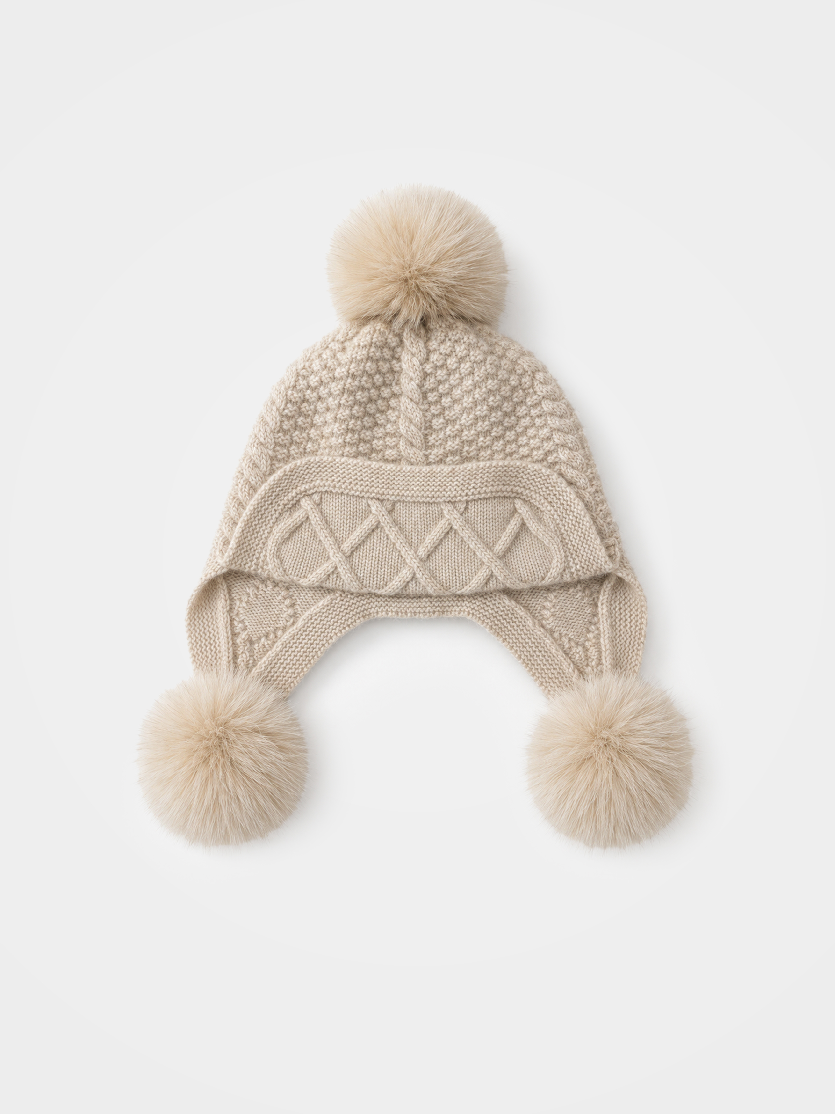 100% Cashmere Cable Knit Earflap Hat with Pom-Poms - Soft Winter Hat for Women