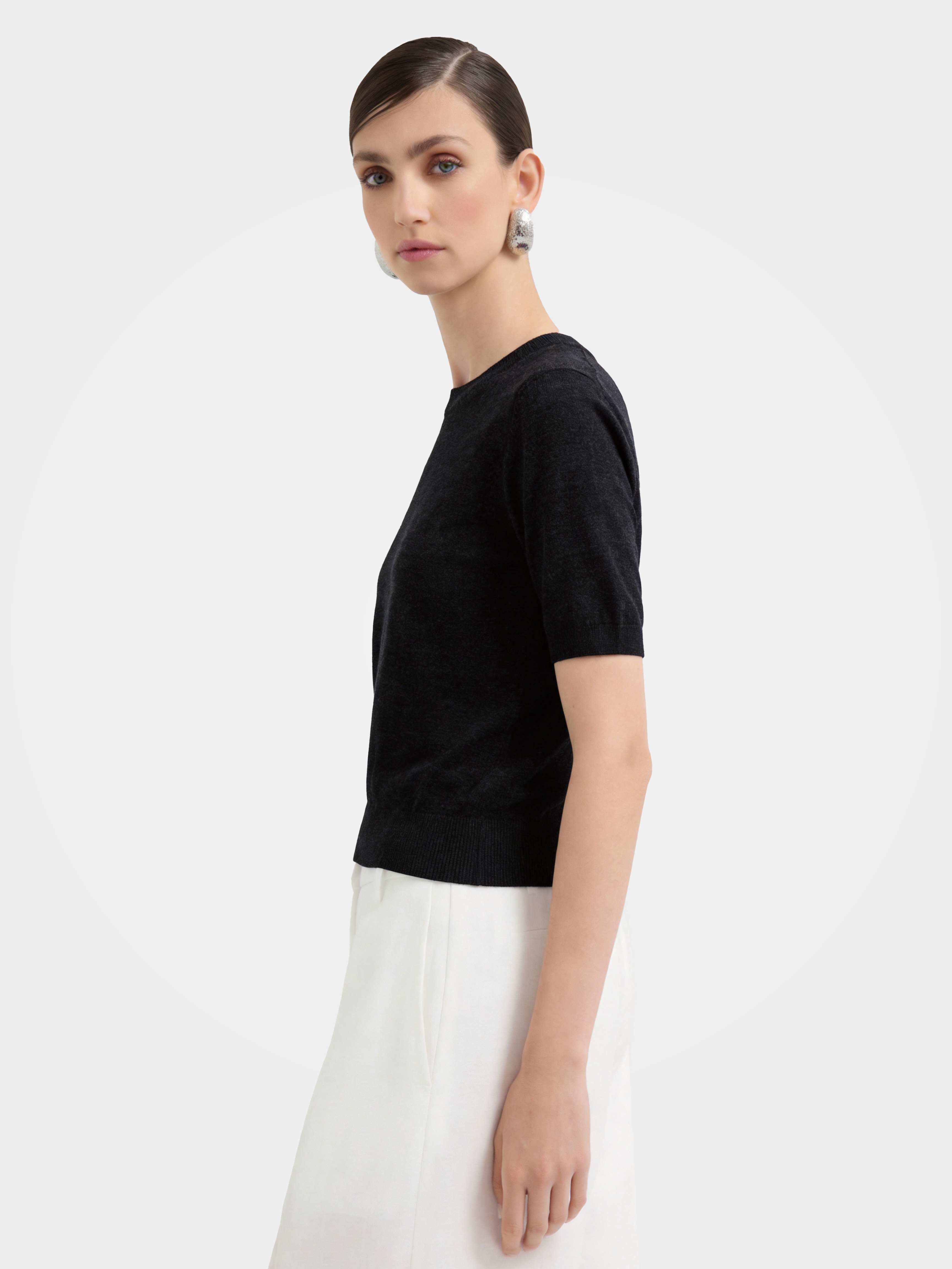 Cashmere Tencel Blend Soft & Lightweight Short Sleeve Knit Top – Crew Neck, Beige/Black/Gray