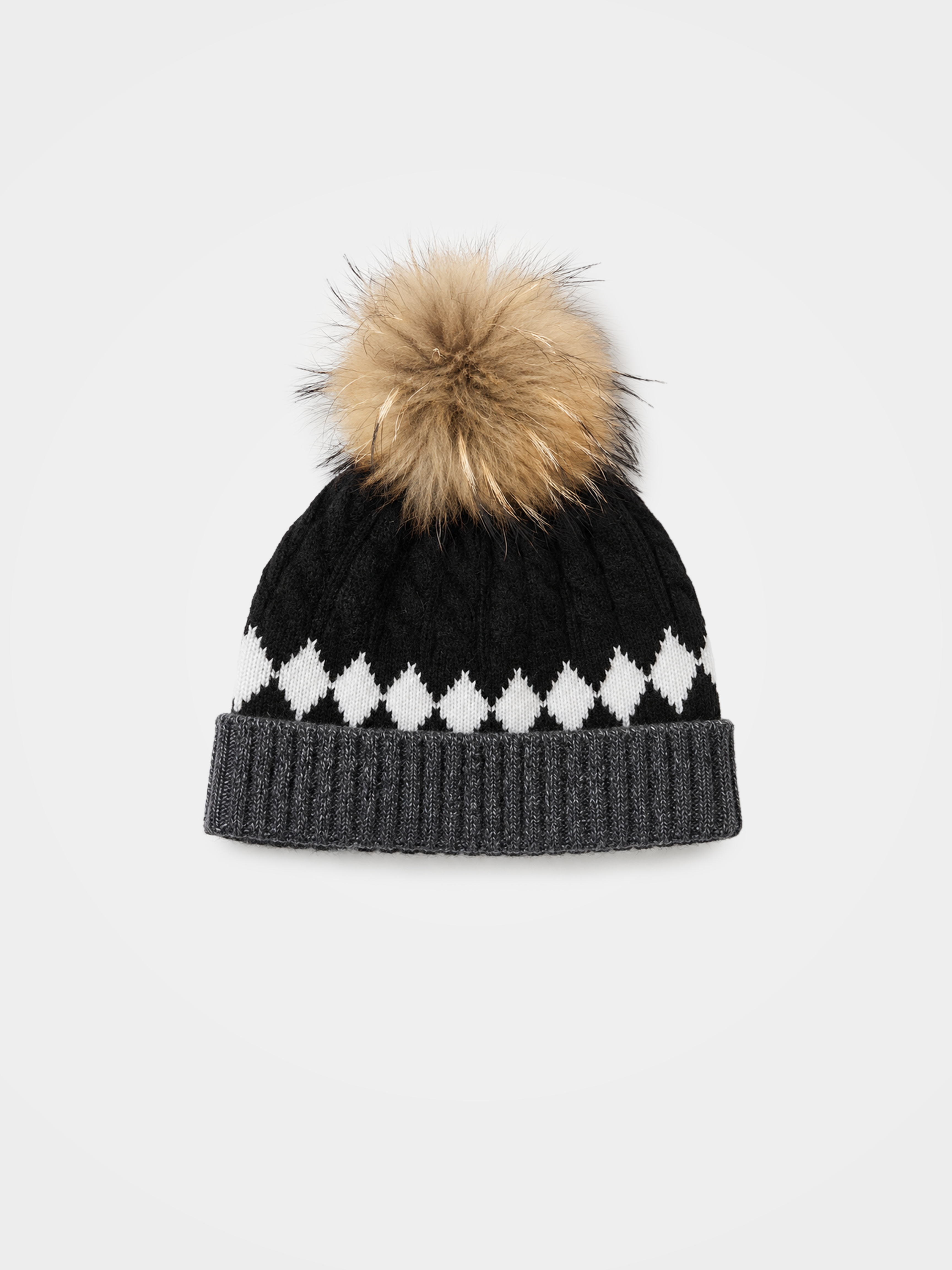 100% Cashmere Diamond Cable Knit Pom-Pom Beanie