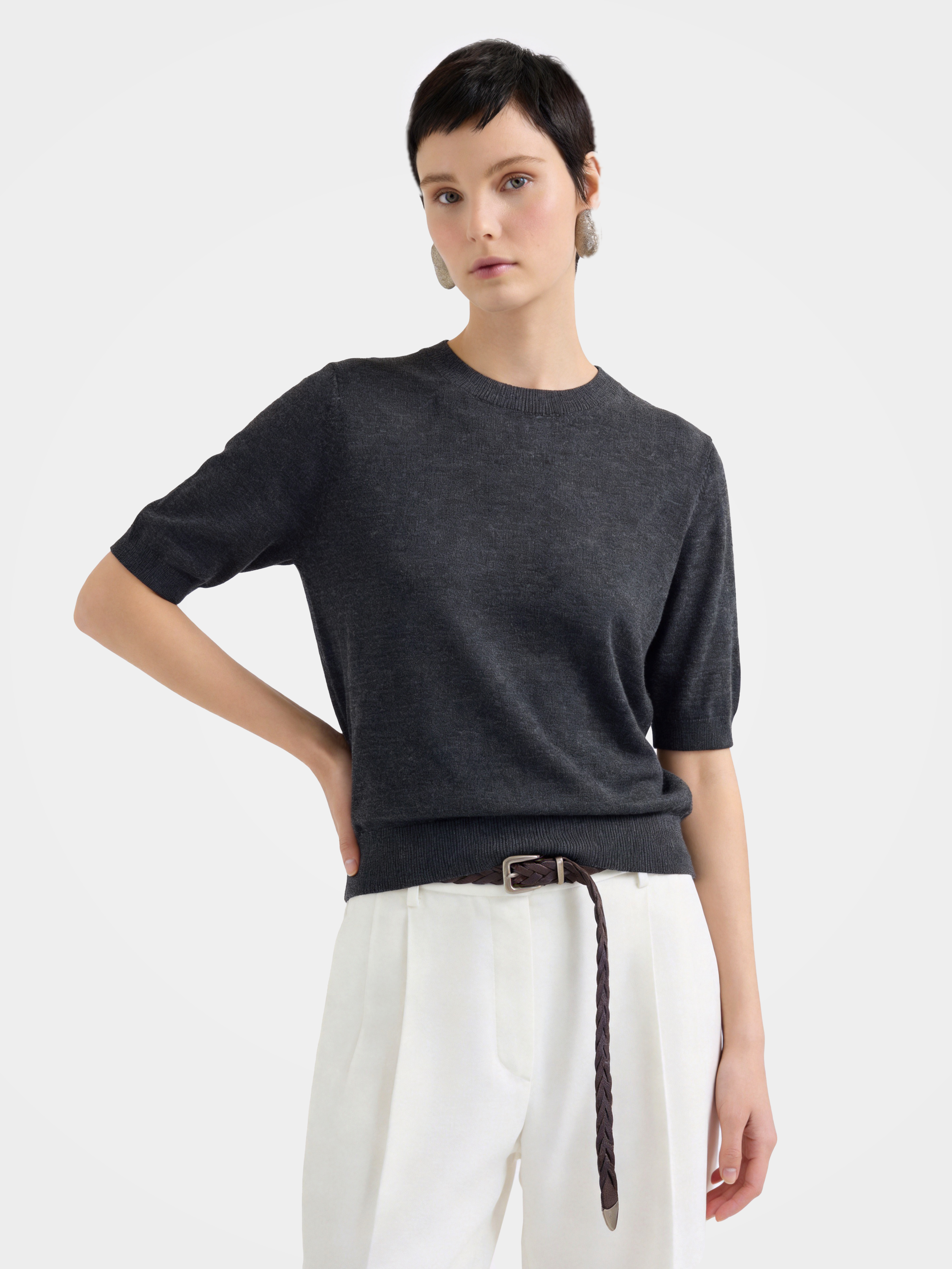 Cashmere Tencel Blend Soft & Lightweight Short Sleeve Knit Top – Crew Neck, Beige/Black/Gray