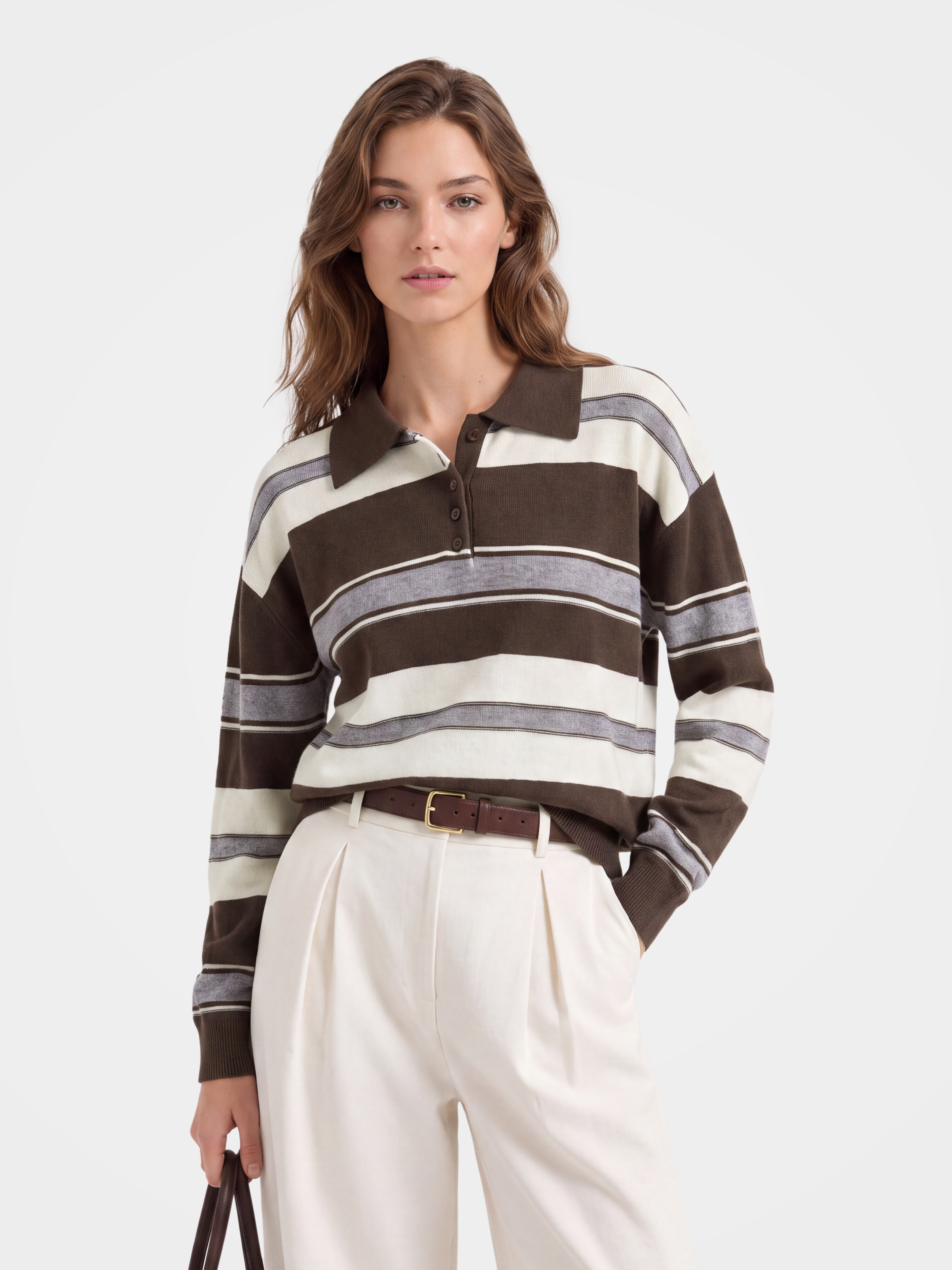 100% Cashmere Striped Polo Collar Long Sleeve Knit Sweater