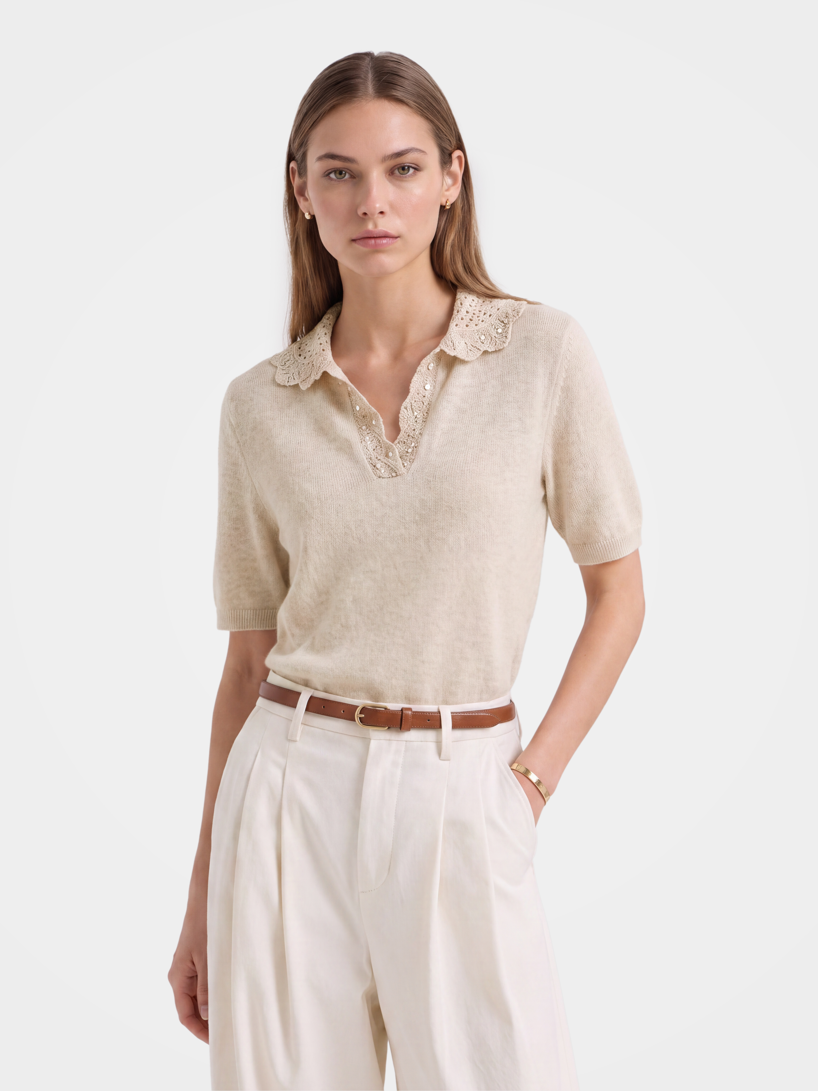 100% Cashmere Openwork Knit Polo Short Sleeve Top
