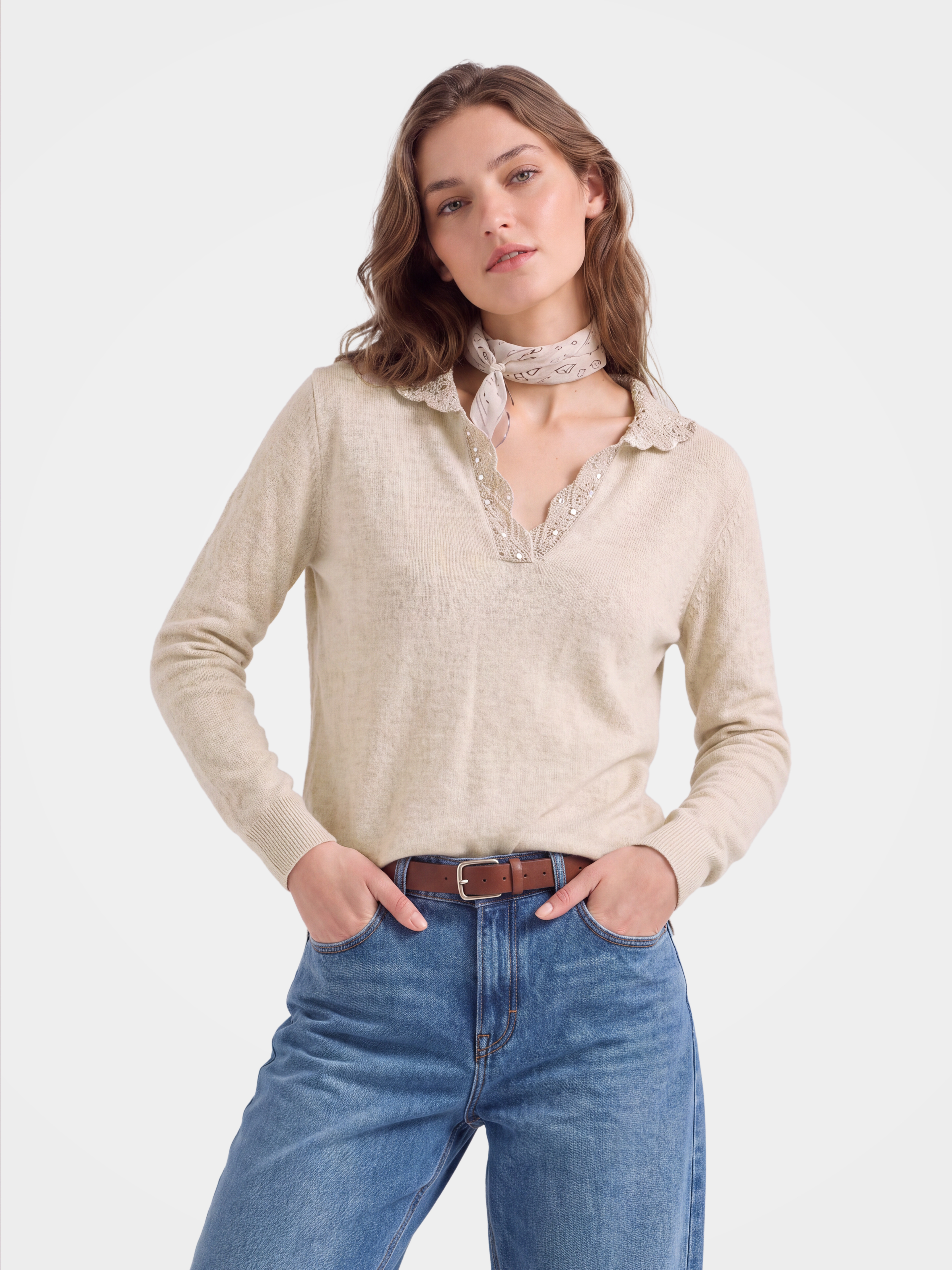 100% Cashmere Openwork Knit Polo Long Sleeve Sweater