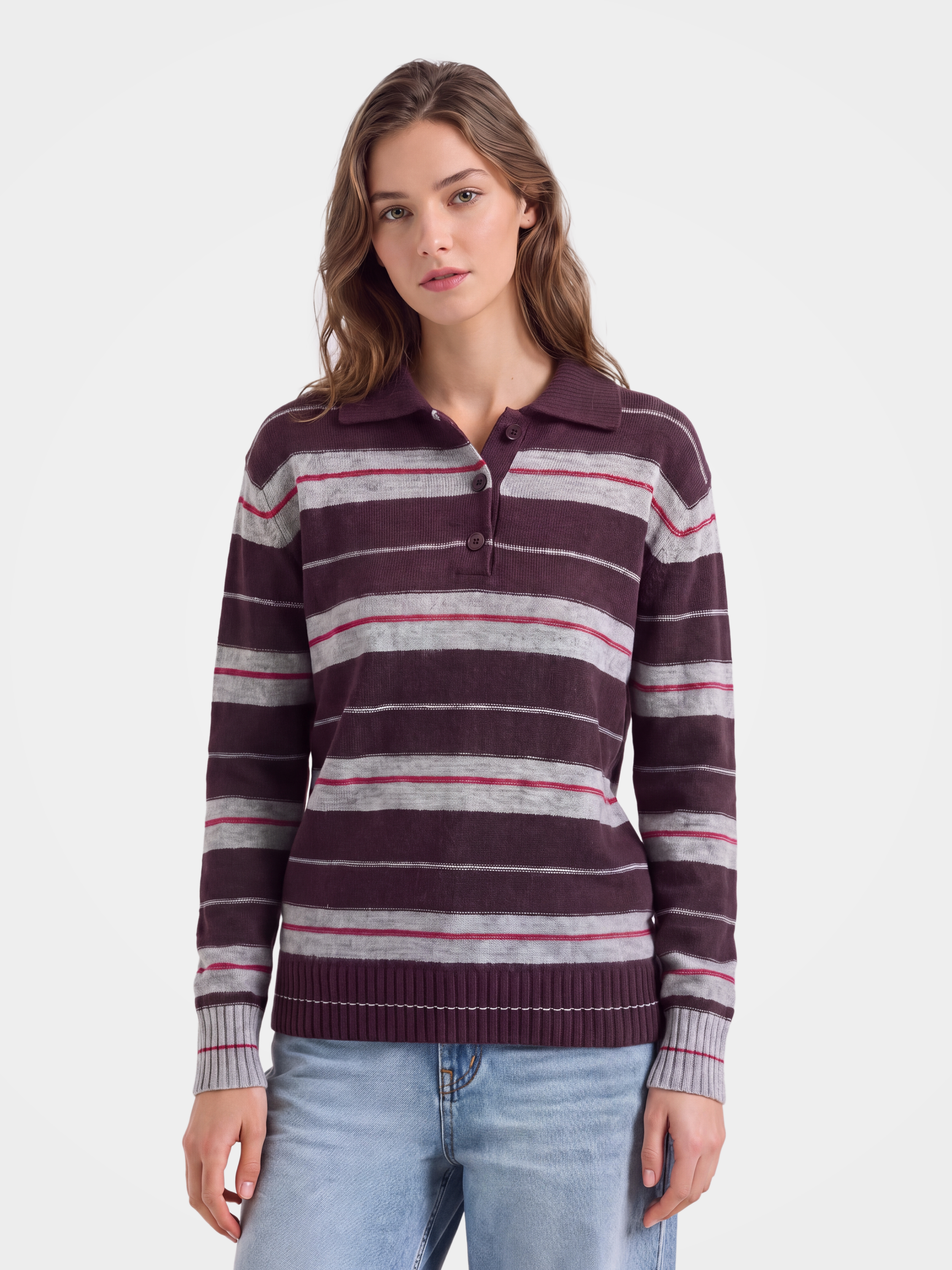 100% Cashmere Striped Polo Collar Knit Sweater