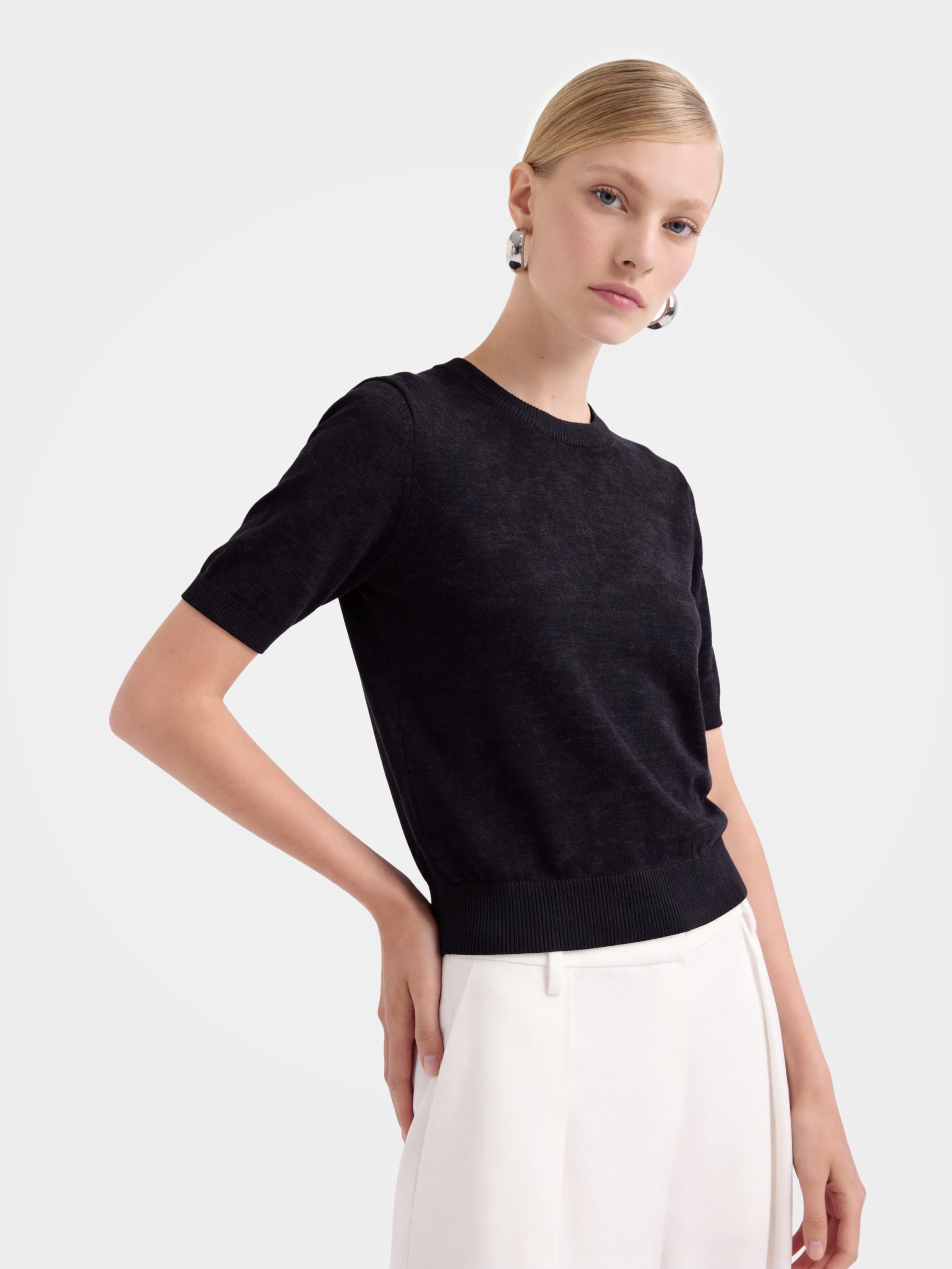Cashmere Tencel Blend Soft & Lightweight Short Sleeve Knit Top – Crew Neck, Beige/Black/Gray