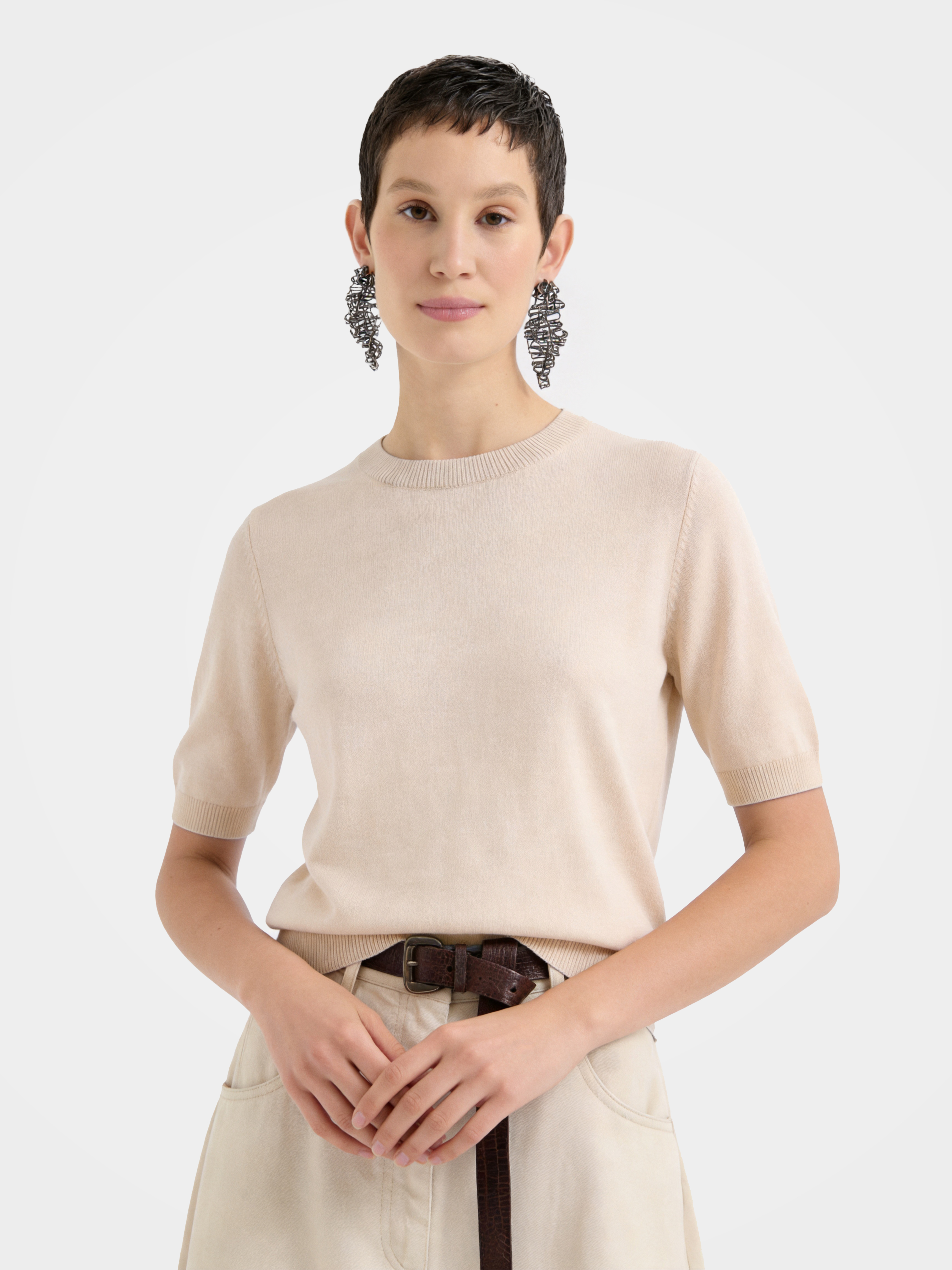 Cashmere Tencel Blend Soft & Lightweight Short Sleeve Knit Top – Crew Neck, Beige/Black/Gray