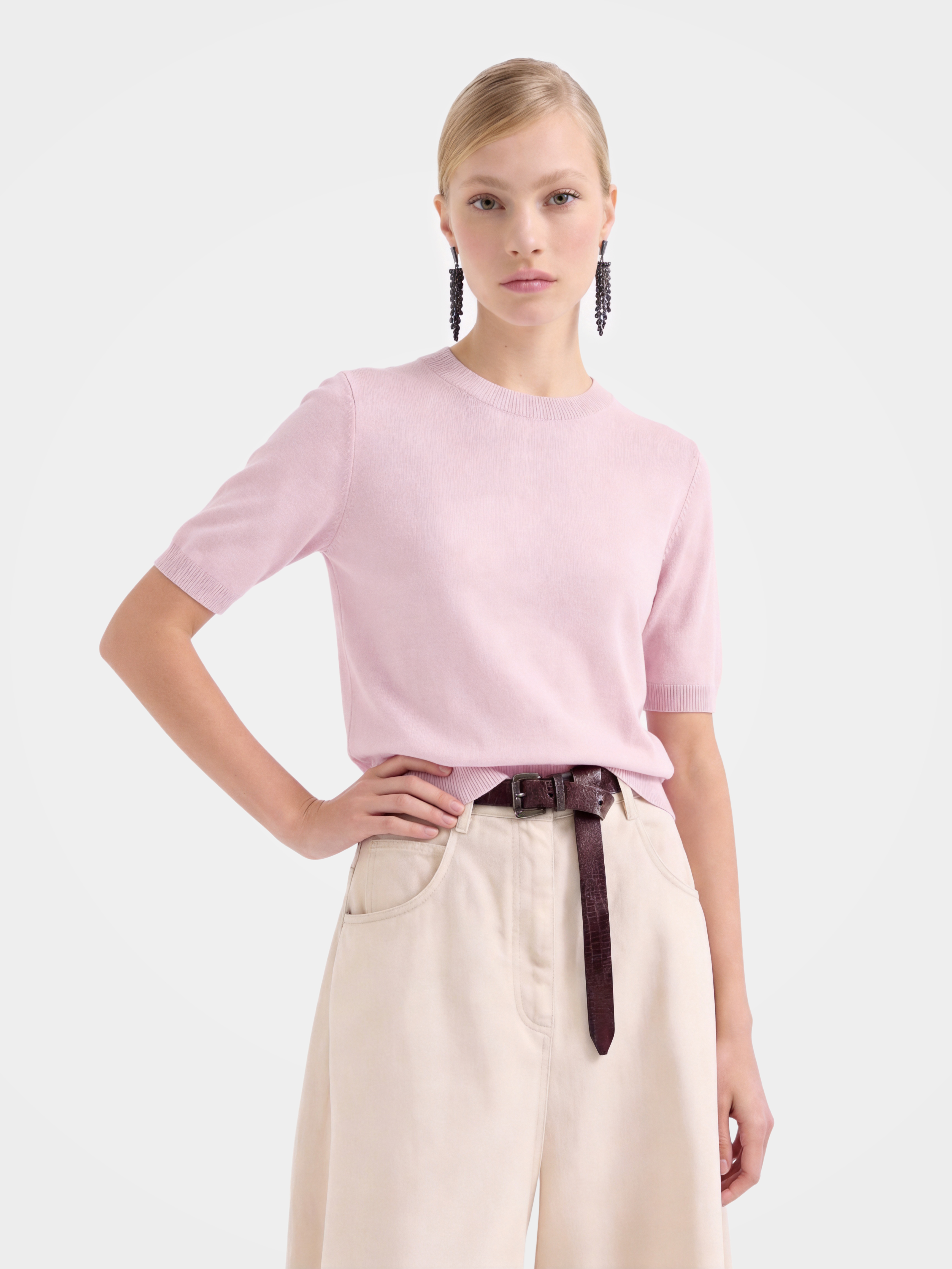 Cashmere Tencel Blend Soft & Lightweight Short Sleeve Knit Top – Crew Neck, Beige/Black/Gray