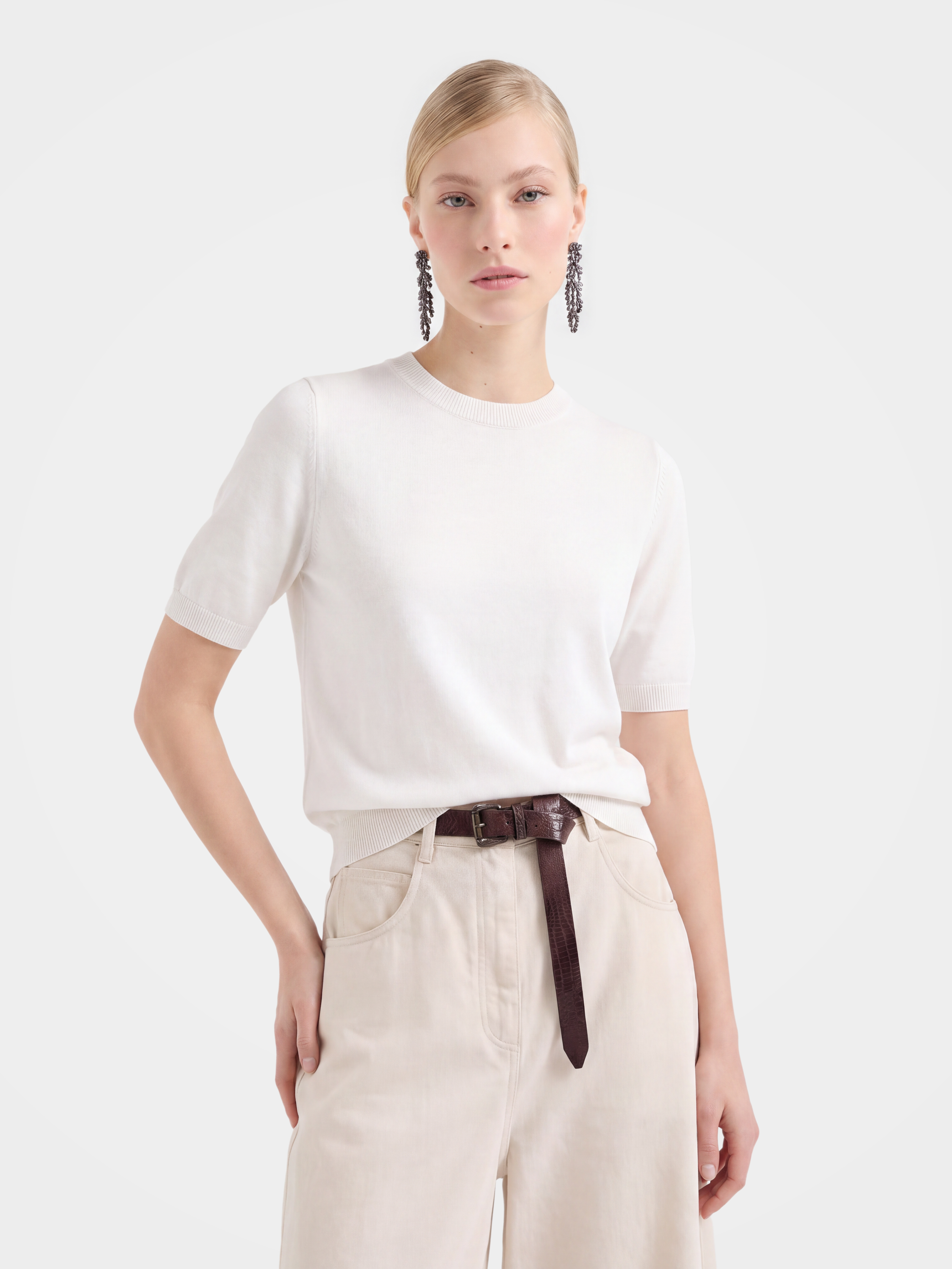 Cashmere Tencel Blend Soft & Lightweight Short Sleeve Knit Top – Crew Neck, Beige/Black/Gray