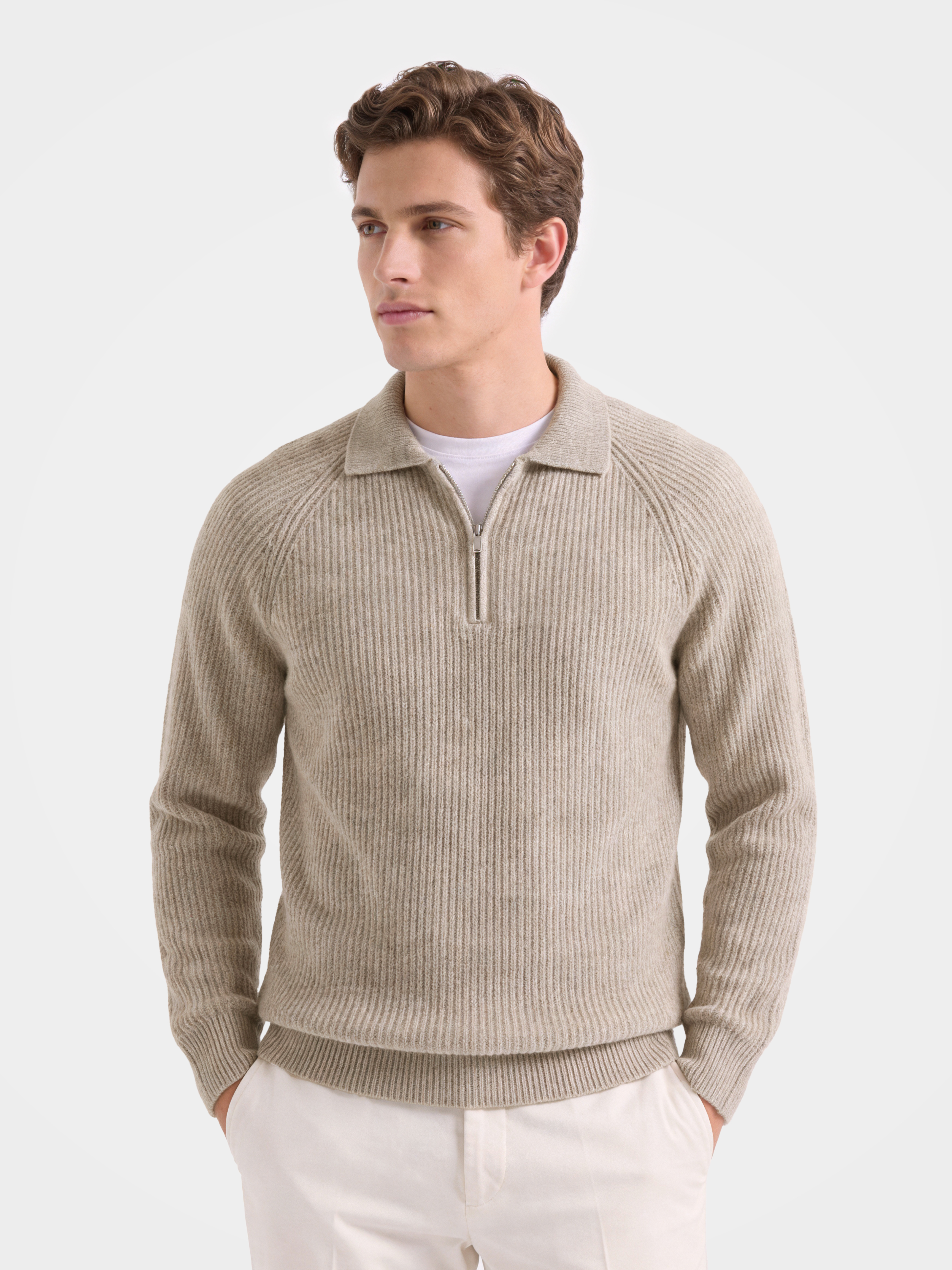 Pre-Order | Men's 100% Cashmere Rib Knit Collared Quarter-Zip Sweater (10-14 Business Days)