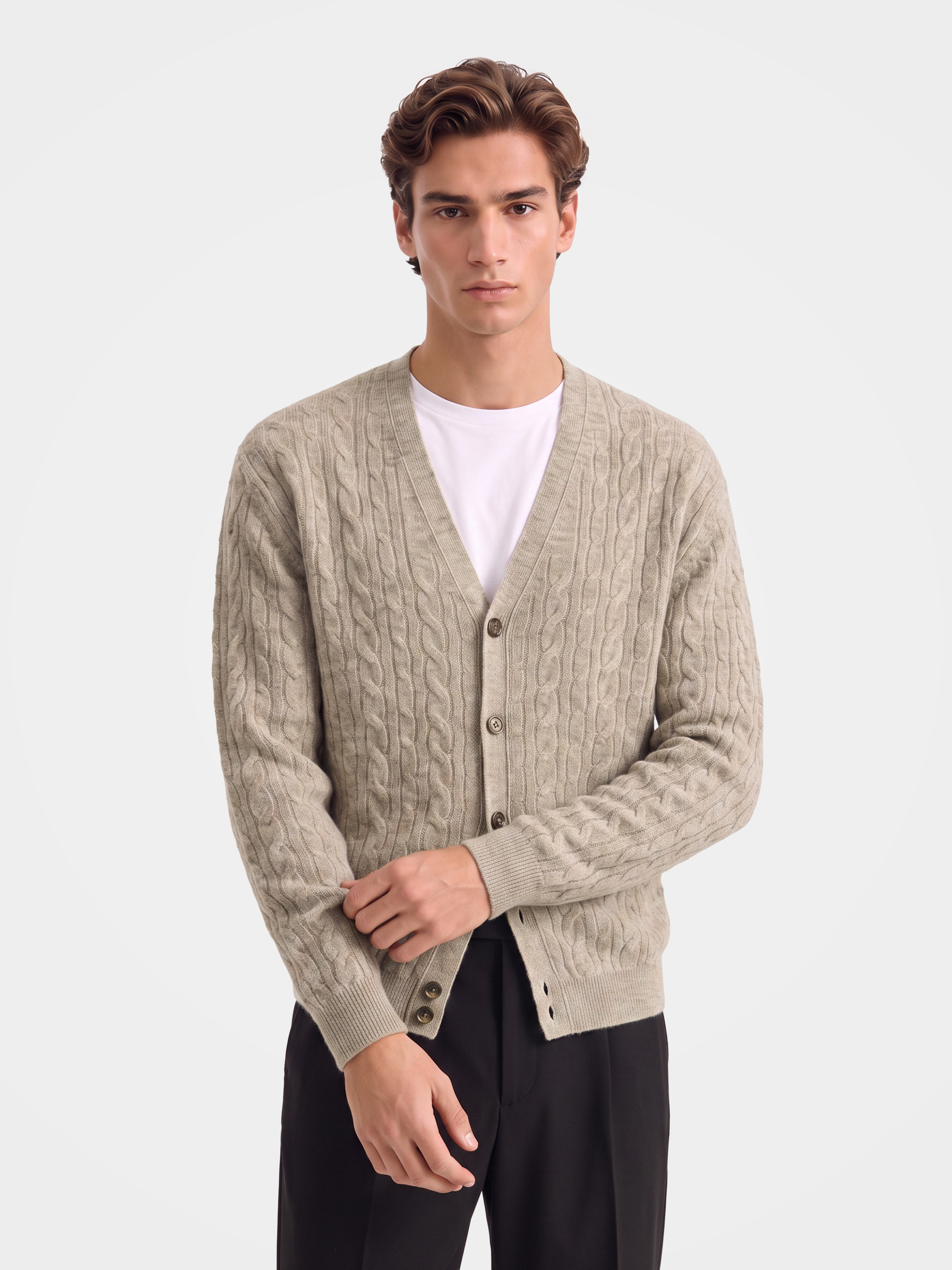 Pre-Order | Men's 100% Mongolian Cashmere Cable Knit V-Neck Cardigan (10-14 Business Days)