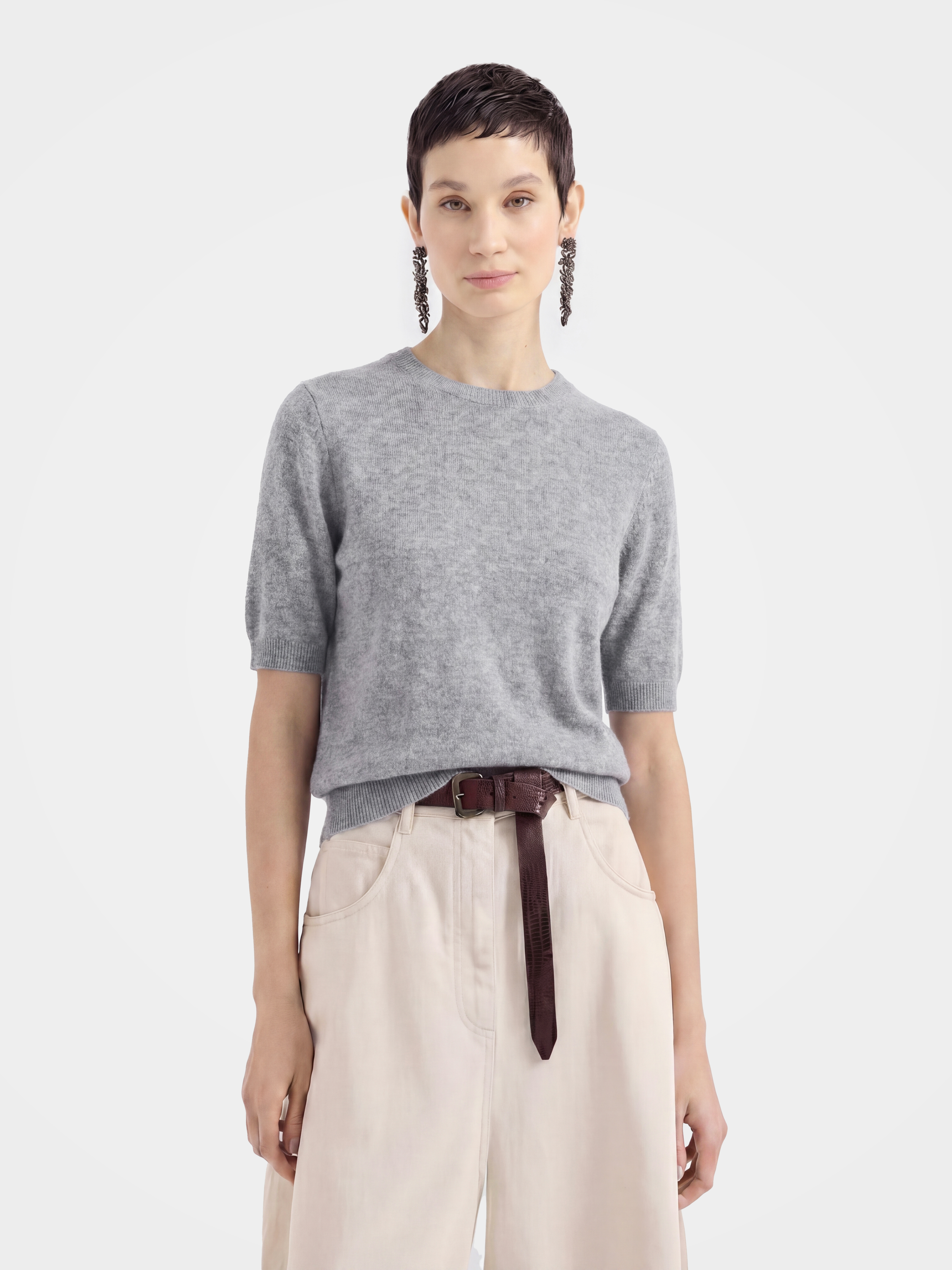 Cashmere Tencel Blend Soft & Lightweight Short Sleeve Knit Top – Crew Neck, Beige/Black/Gray
