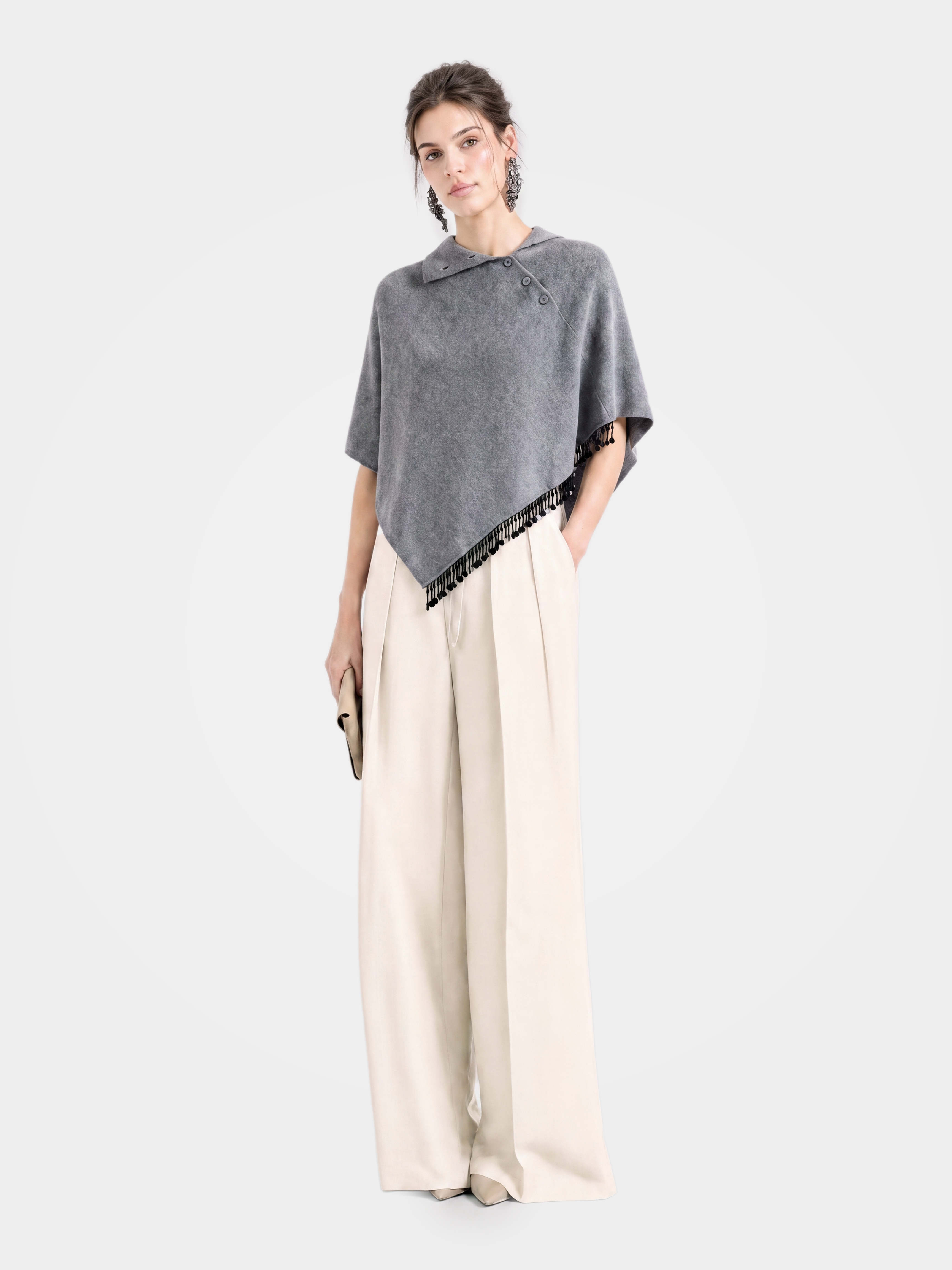 100% Cashmere Buttoned Collared Poncho Cape With Beaded Fringe