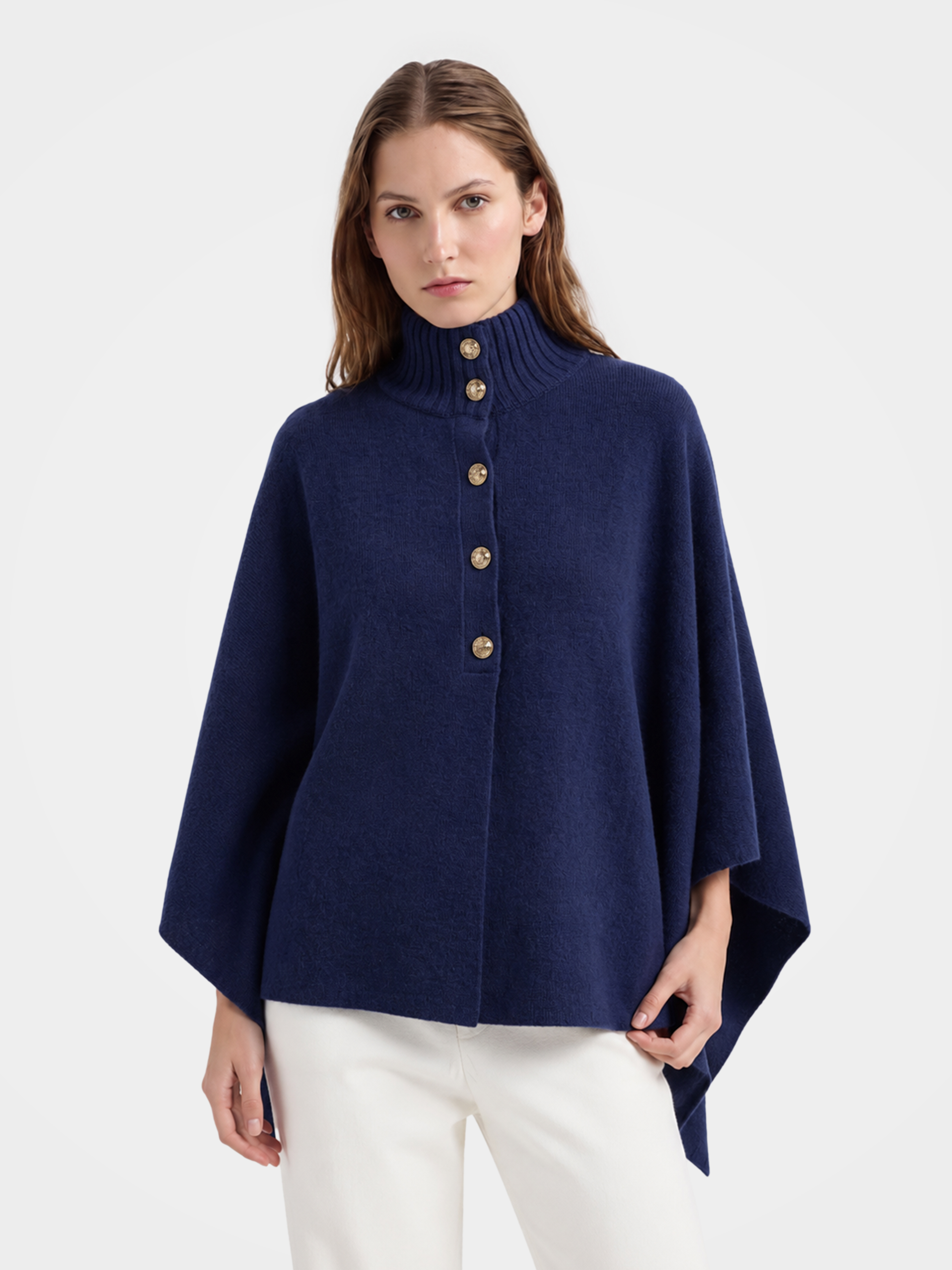Pre-Order | 100% Wool Turtleneck Button-Placket Knit Cape (10-14 Business Days)