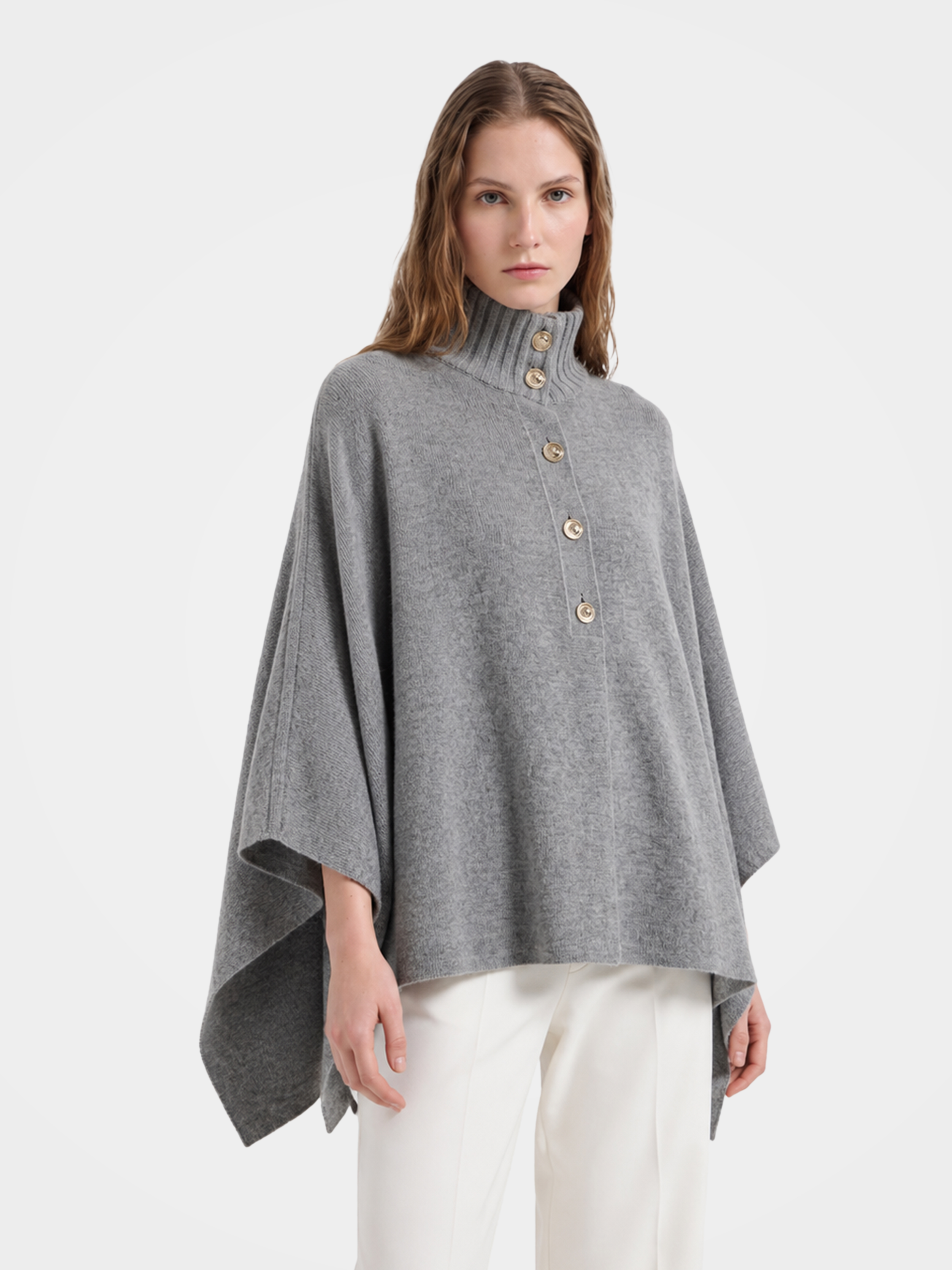 Pre-Order | 100% Wool Turtleneck Button-Placket Knit Cape (10-14 Business Days)