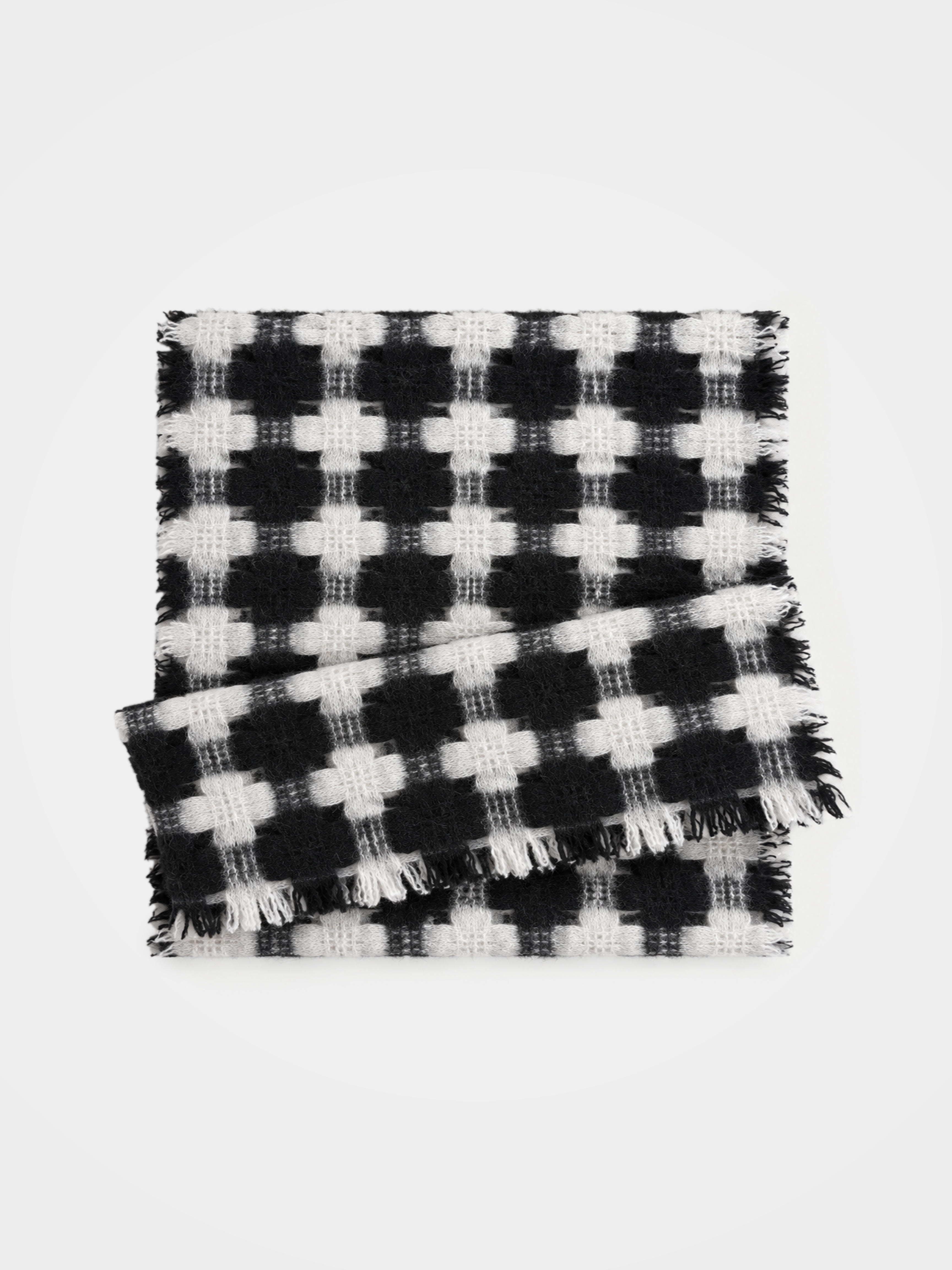 100% Cashmere Textured Check Fringe Long Scarf