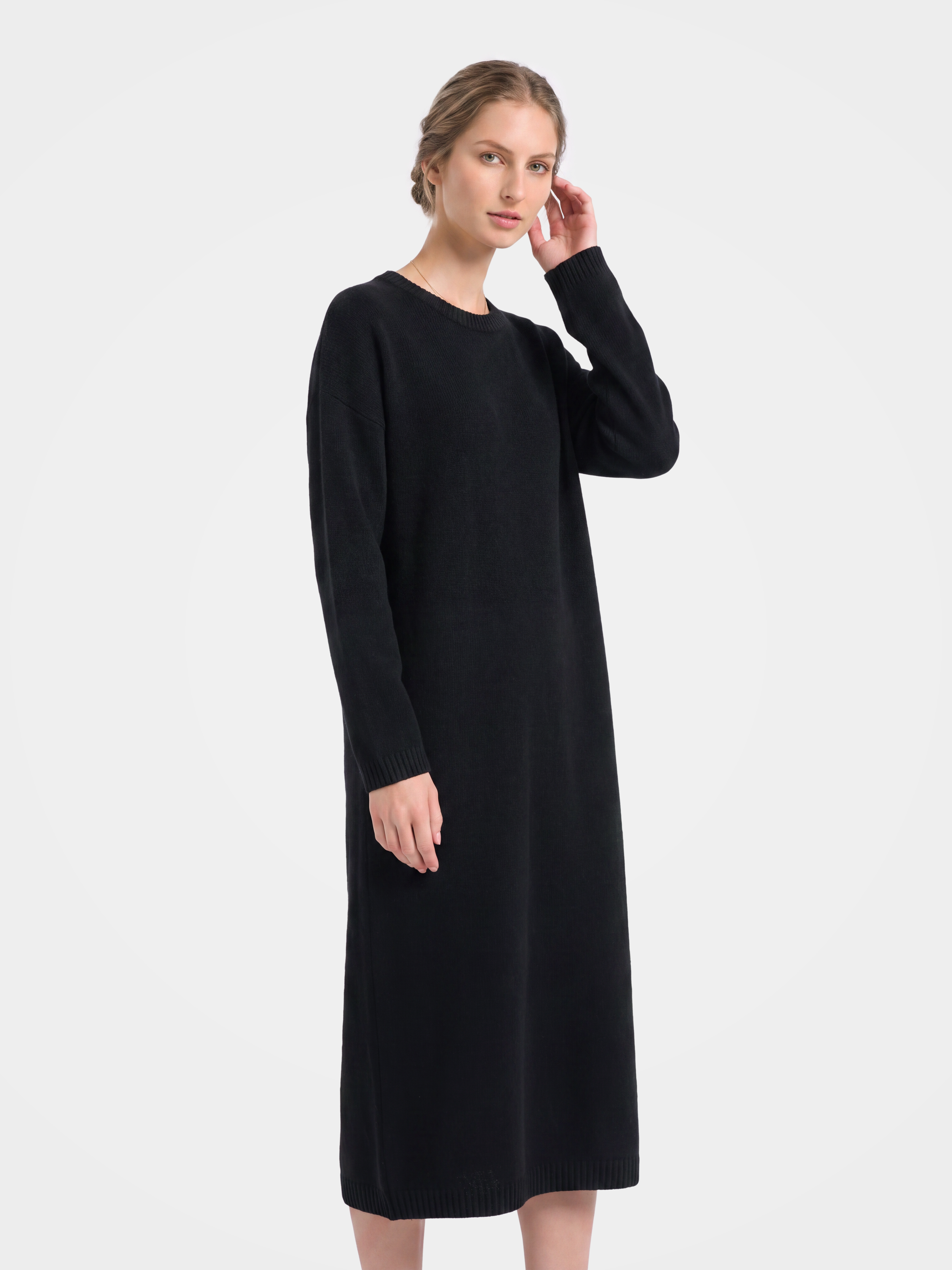 Pre-Order | 100% Cashmere Long Sleeve Crew Neck Midi Sweater Dress (10-14 Business Days)