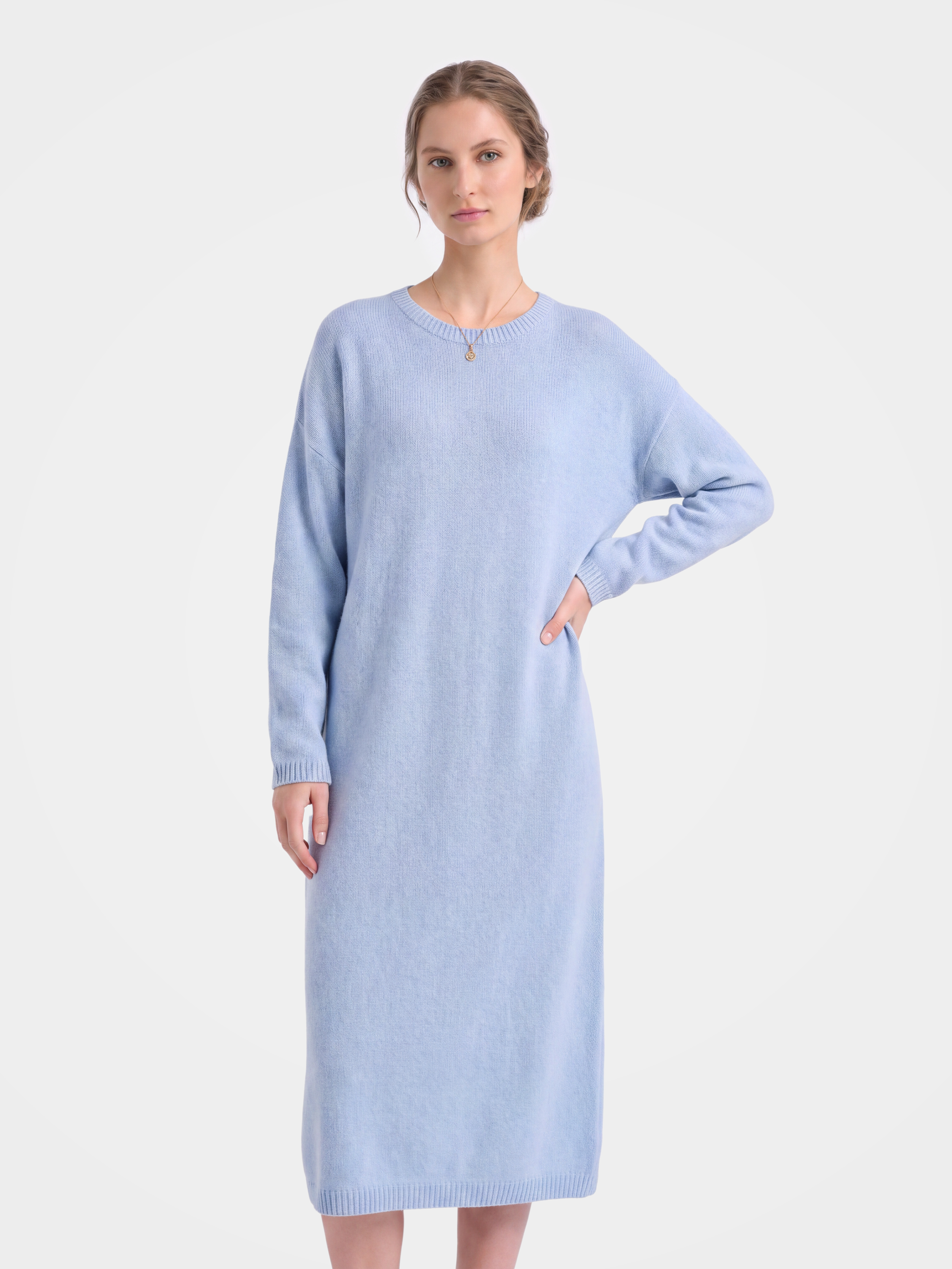 Pre-Order | 100% Cashmere Long Sleeve Crew Neck Midi Sweater Dress (10-14 Business Days)