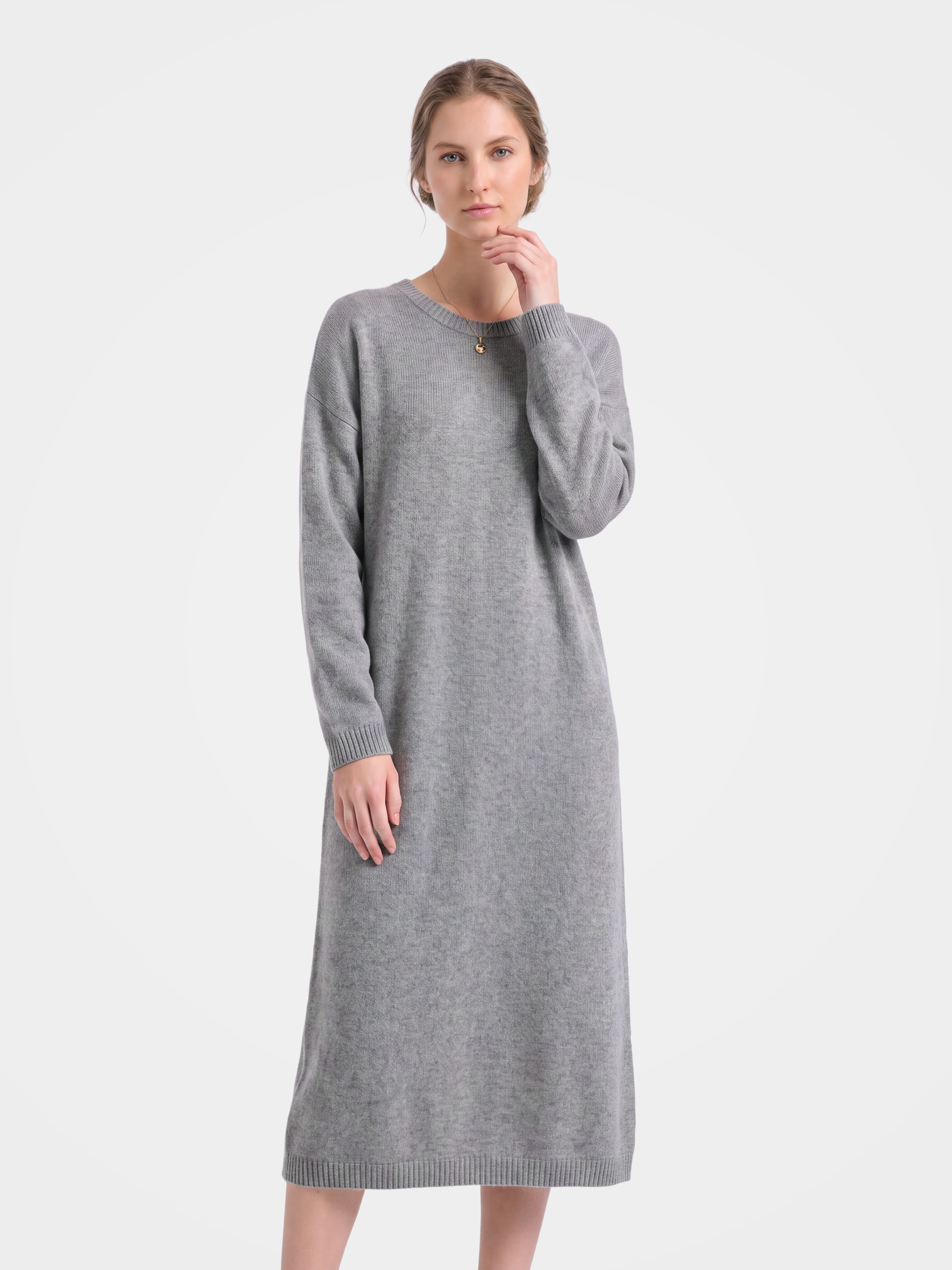 women‘s 100% Mongolian Cashmere Crew Neck Midi Sweater Dress - Soft Luxury Knit Dress