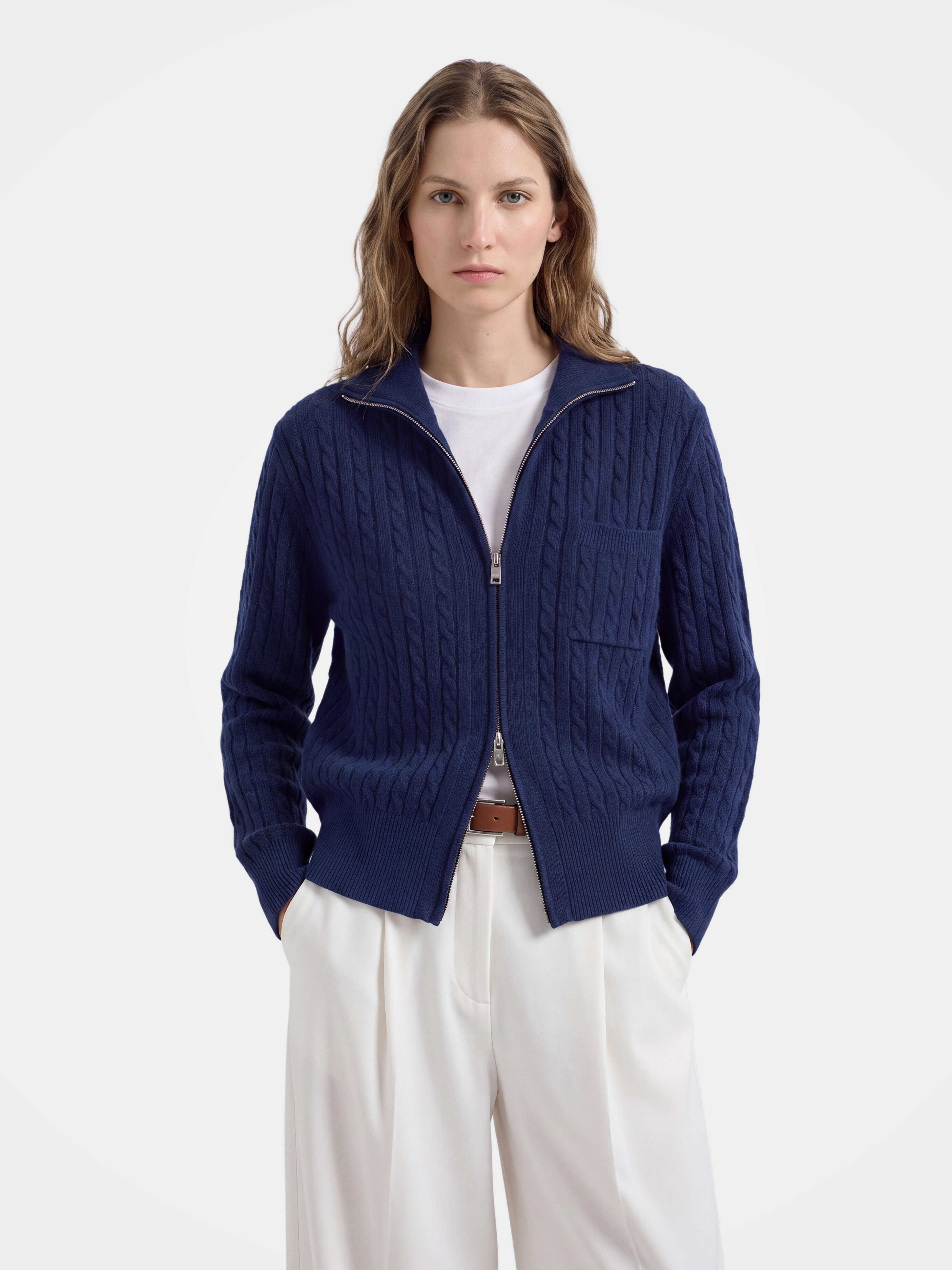 100% Mongolian Cashmere Cable Knit Zip Jacket