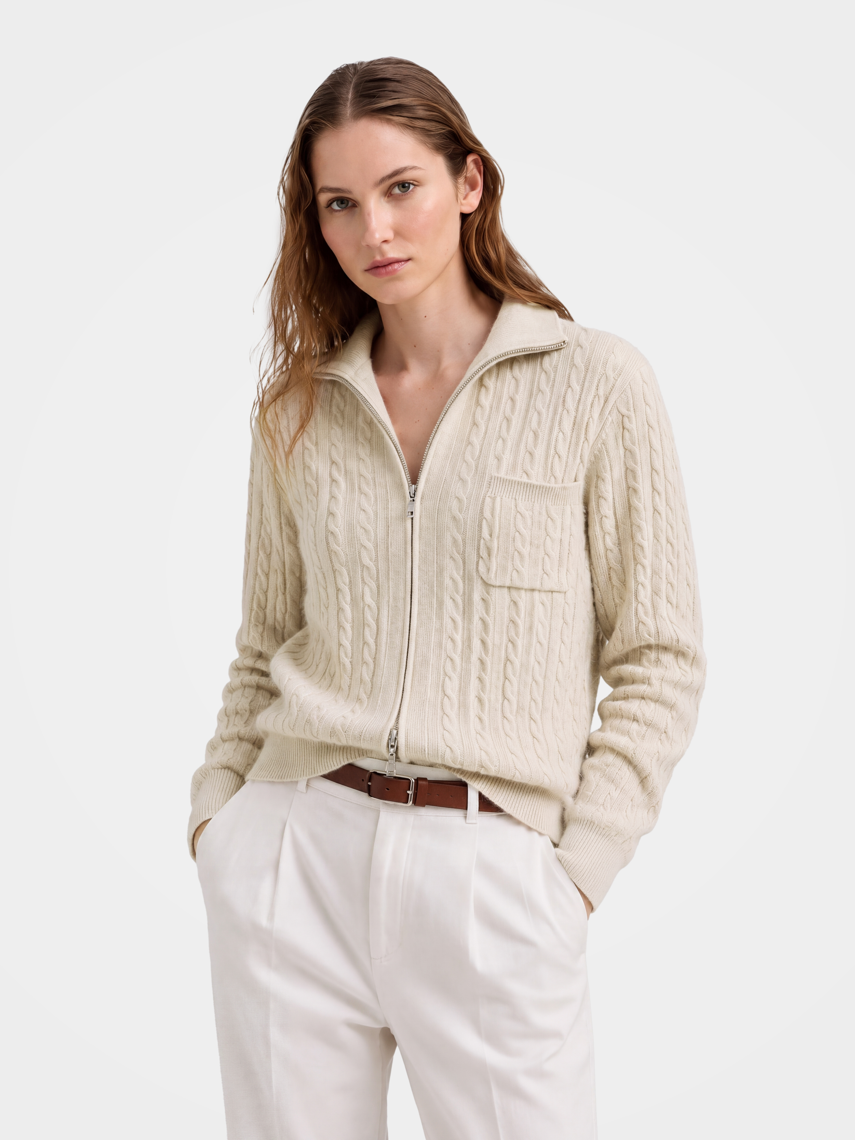 100% Mongolian Cashmere Cable Knit Zip Jacket