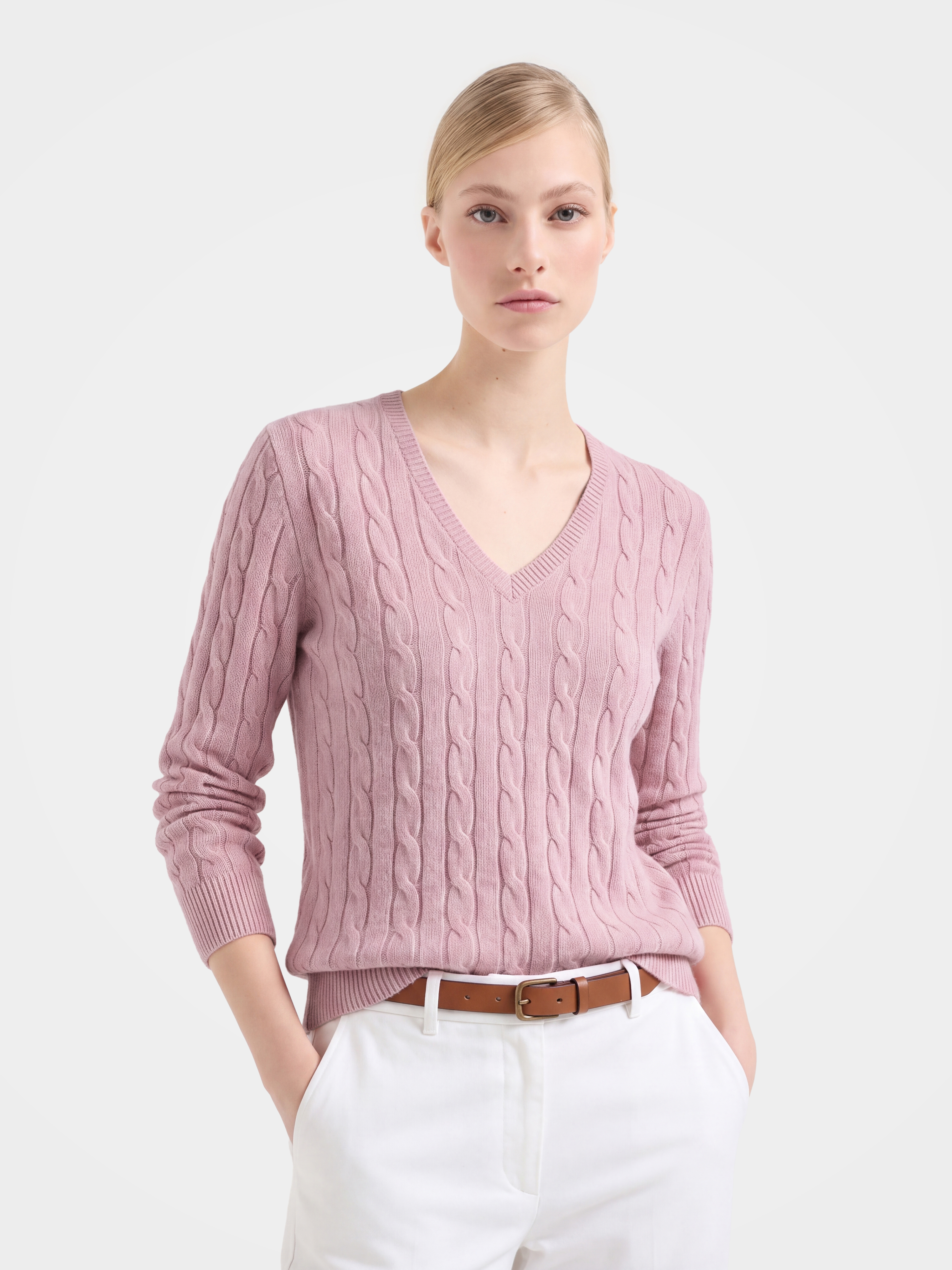 100% Mongolian Cashmere Classic Cable Knit V-Neck Sweater