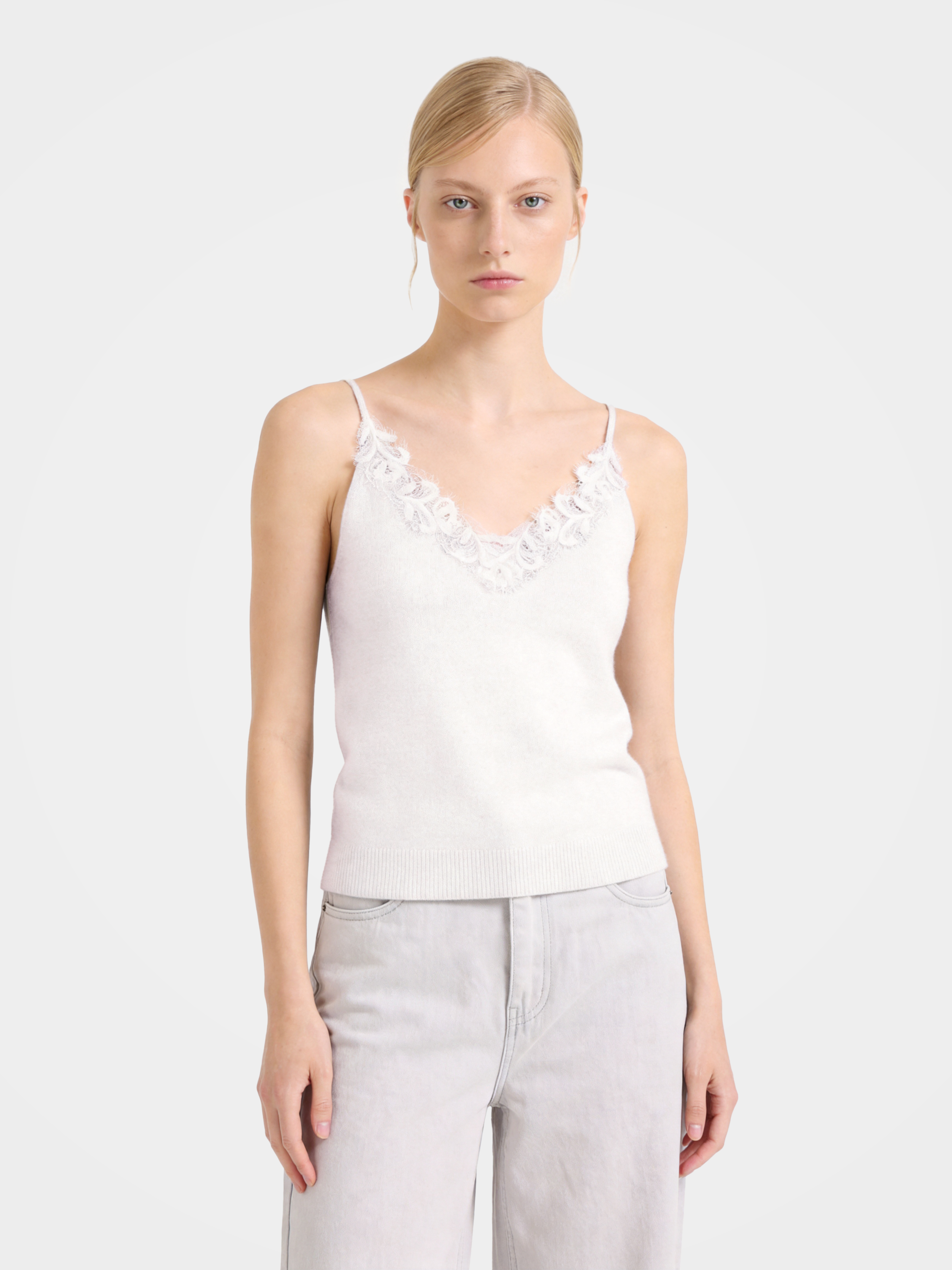 Women’s 100% Cashmere Camisole Top Lace-Trim V-Neck Spaghetti Strap Knit Tank