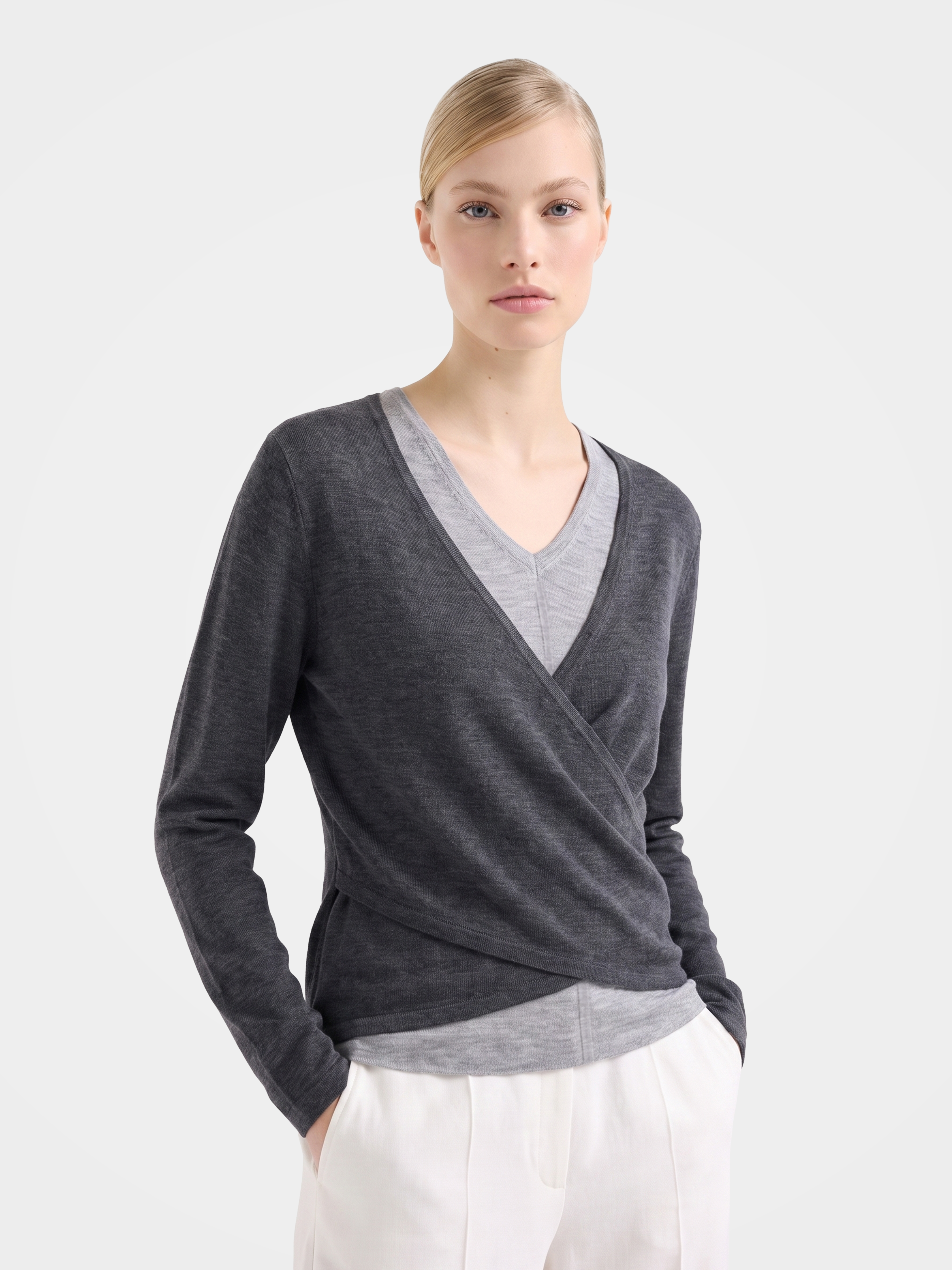 Lightweight Wool Faux Wrap Draped Layering Knit Sweater