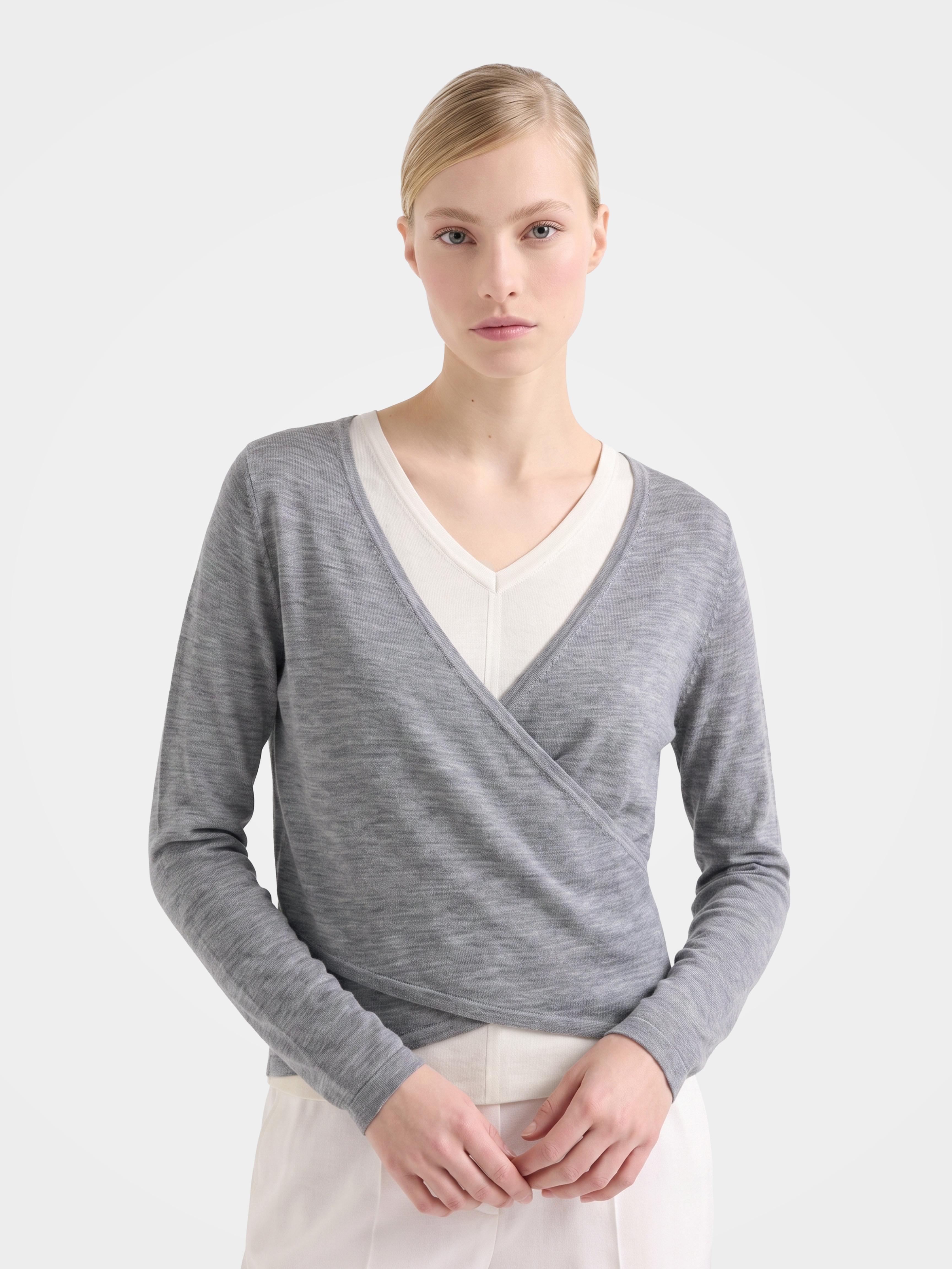 Lightweight Wool Faux Wrap Draped Layering Knit Sweater