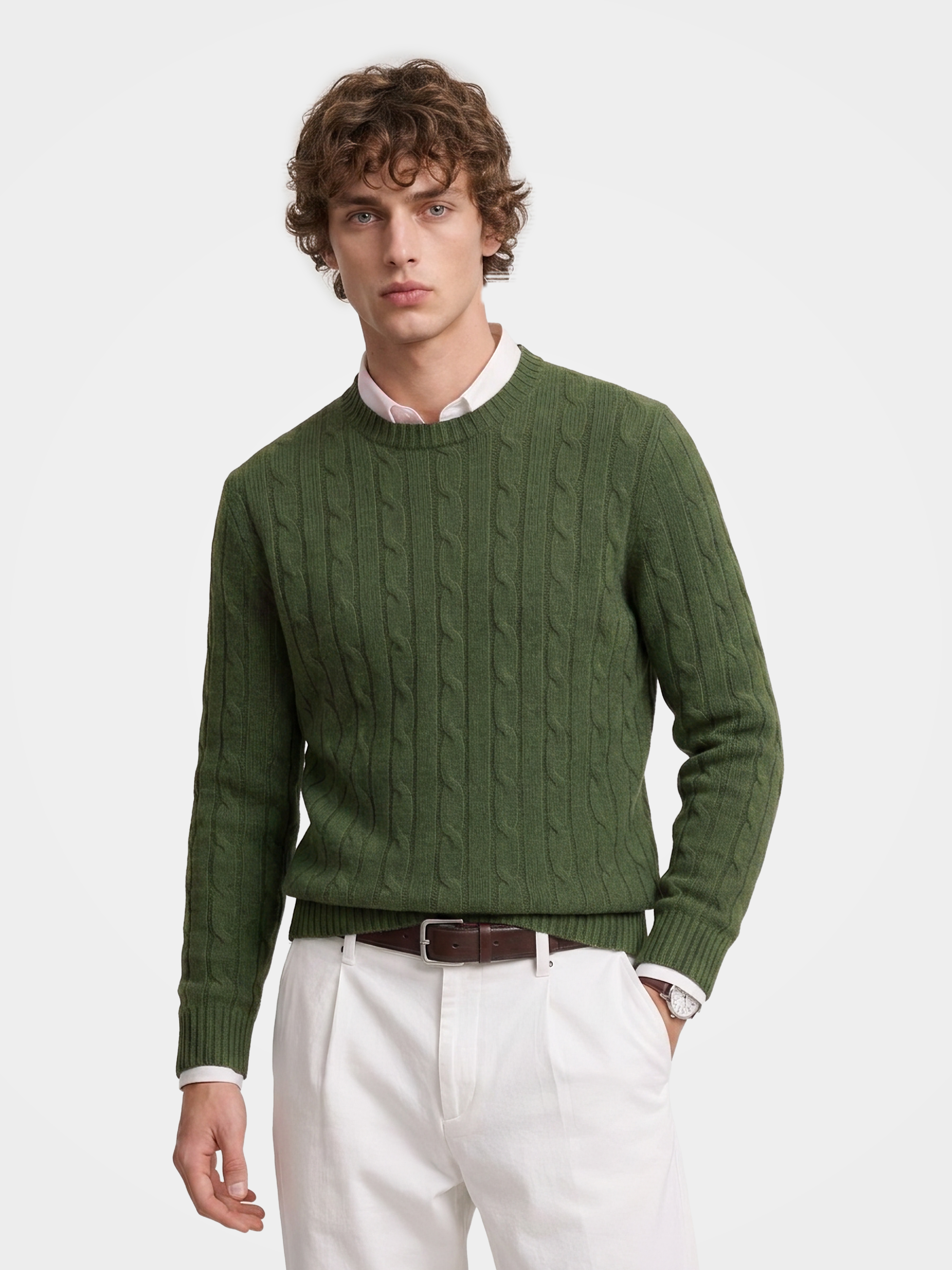 Men's 100% Cashmere Cable Knit Crew Neck Sweater with Timeless Style