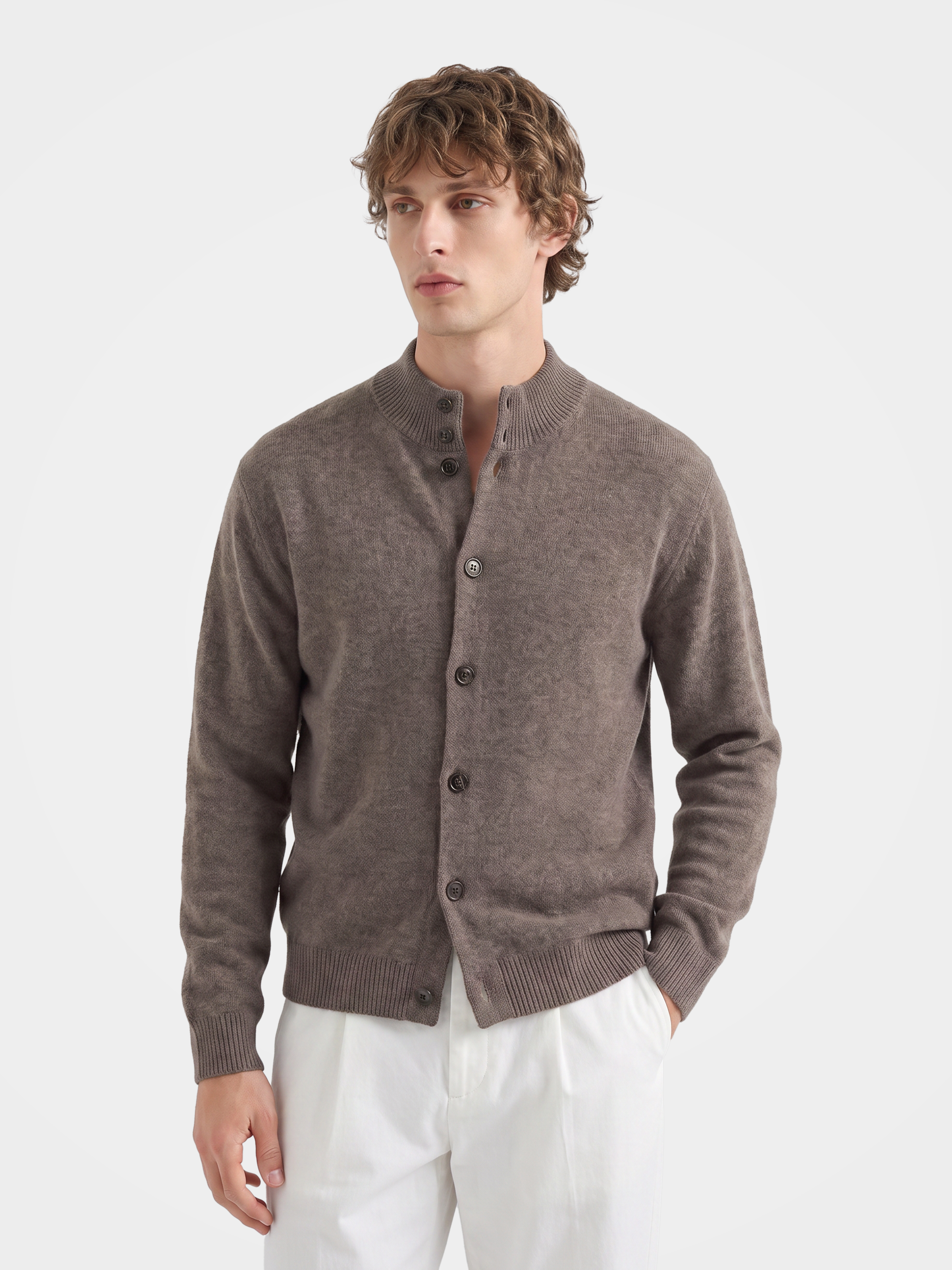 Men's 100% Wool Mock Neck Long Sleeve Cardigan Sweater