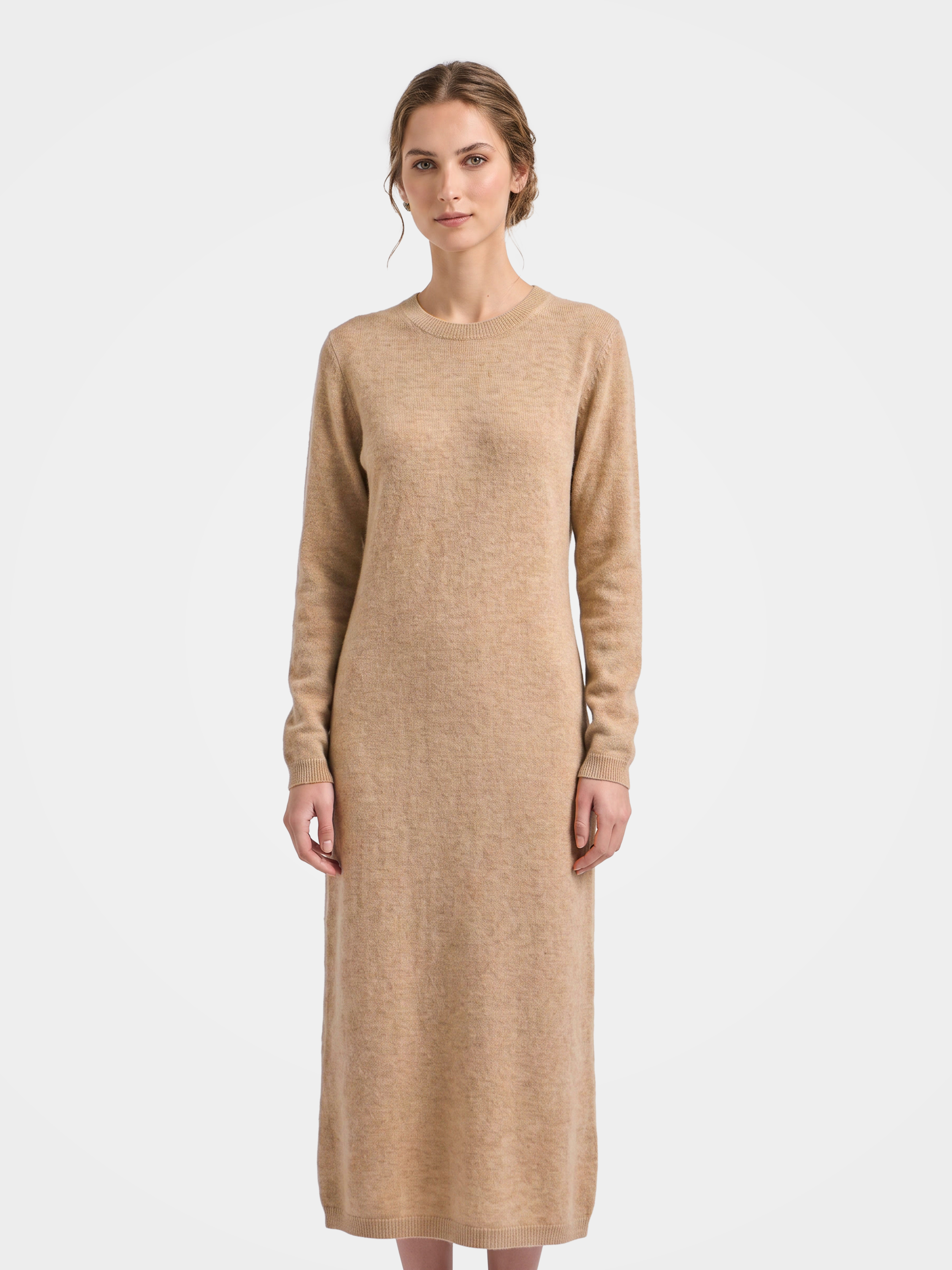 Pre-Order | 100% Cashmere Long Sleeve Crew Neck Midi Sweater Dress (10-14 Business Days)
