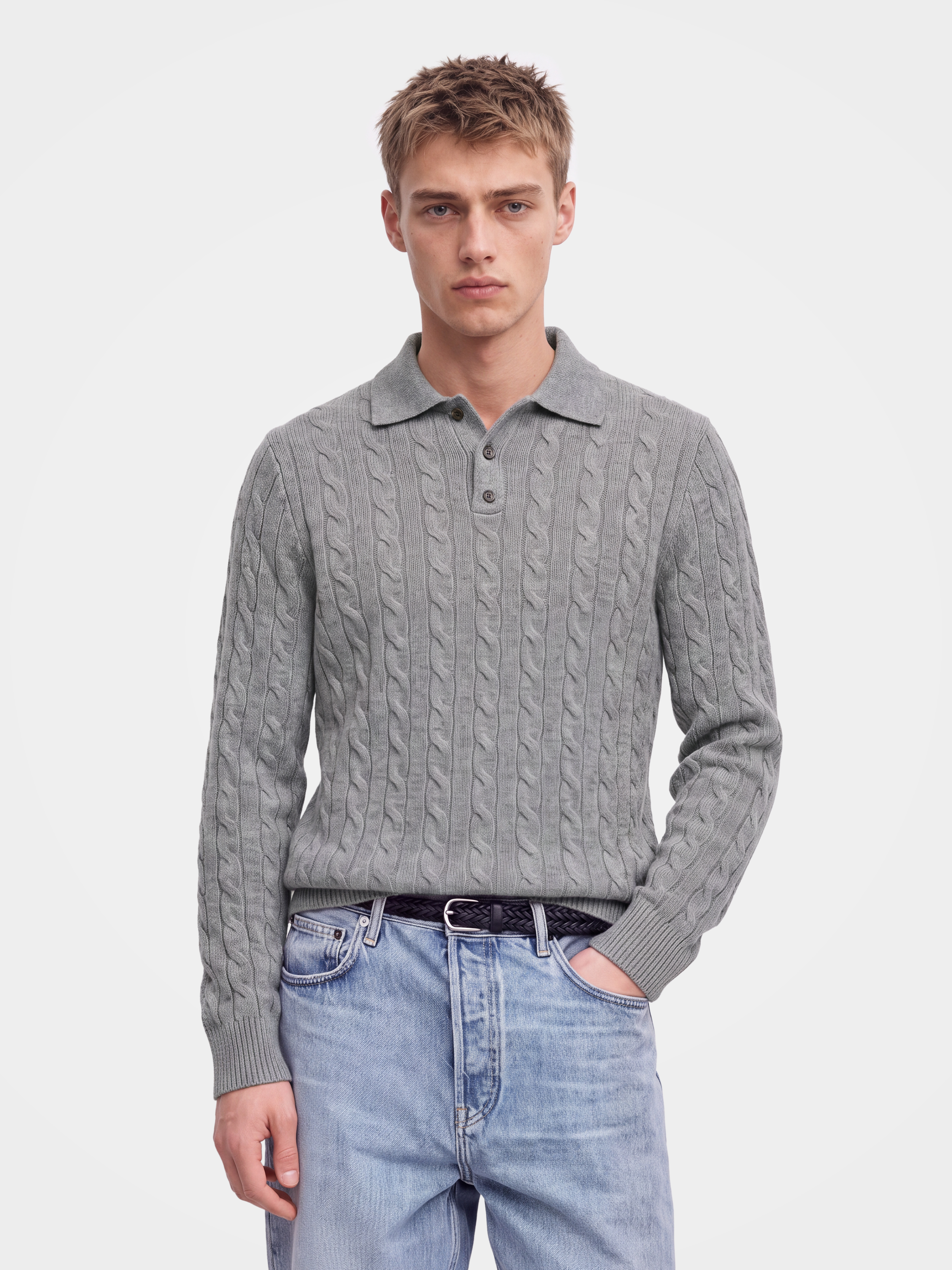 Men's 100% Cashmere Cable Knit Polo Collar Sweater