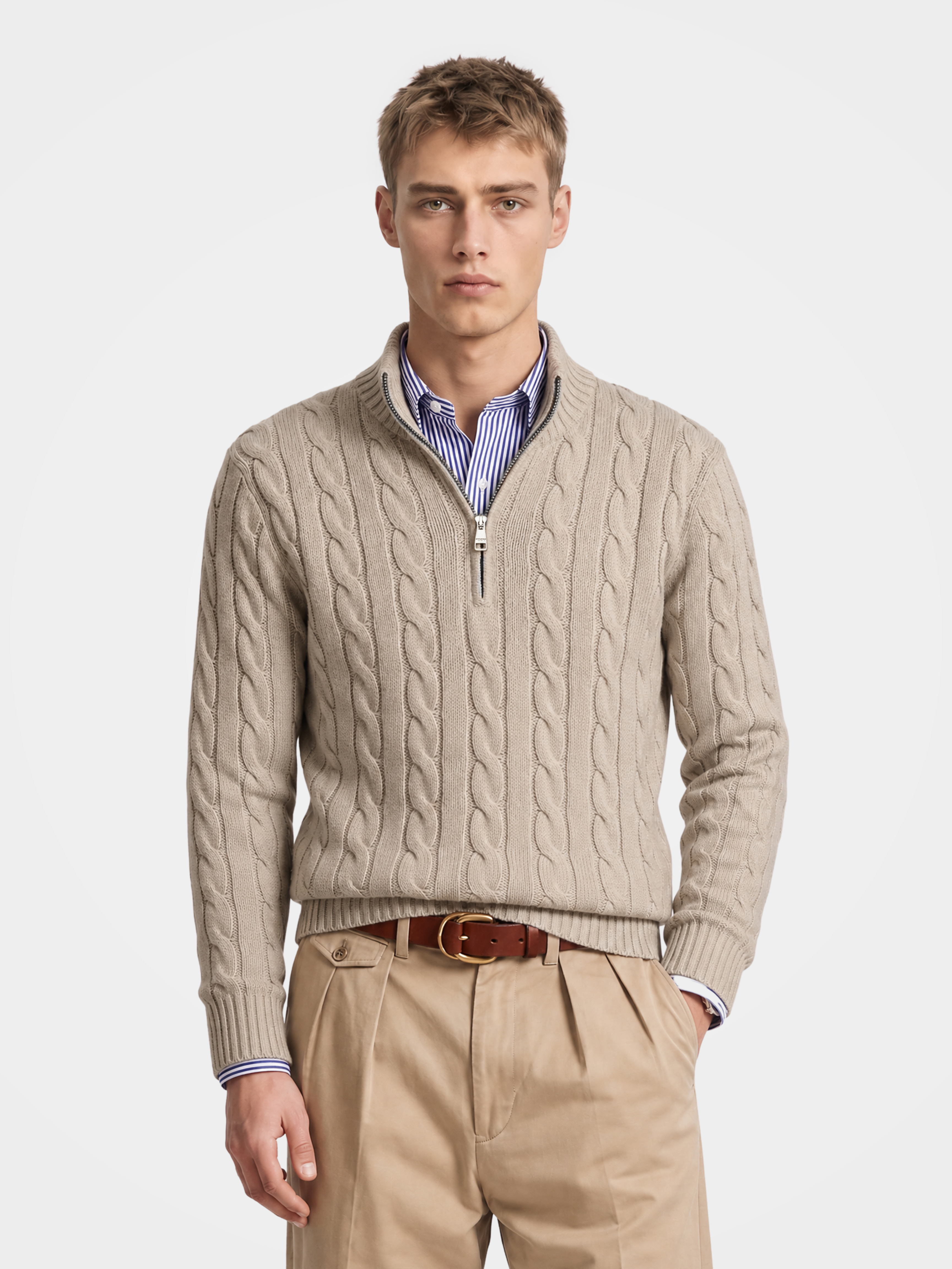 Men's 100% Cashmere Cable Knit Mock Neck Quarter-Zip Sweater - Luxury Pullover