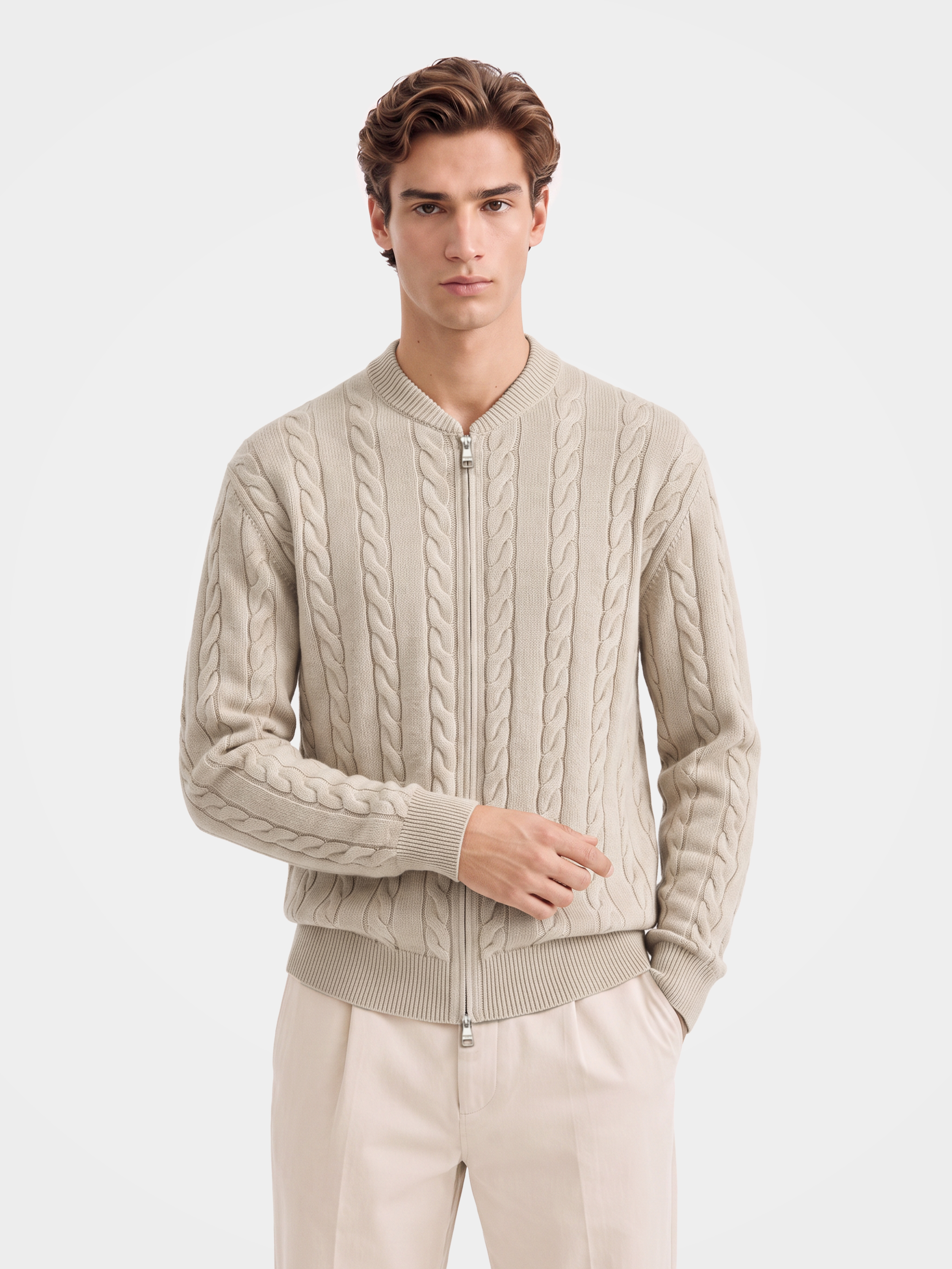 Men's 100% Cashmere Baseball Collar Zip Cable Knit Cardigan