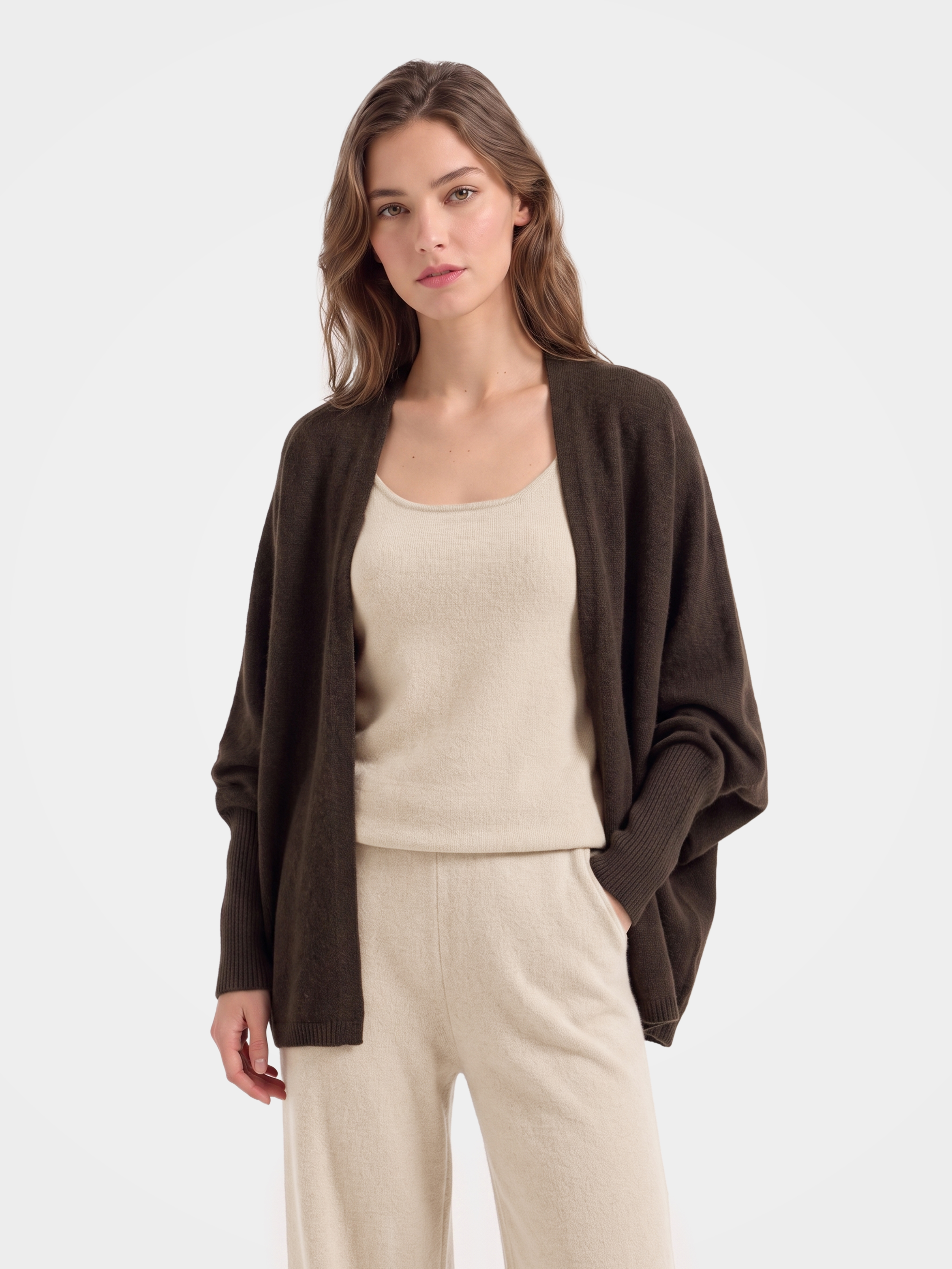 100% Cashmere Collarless Soft Dolman Sleeve Knit Cardigan