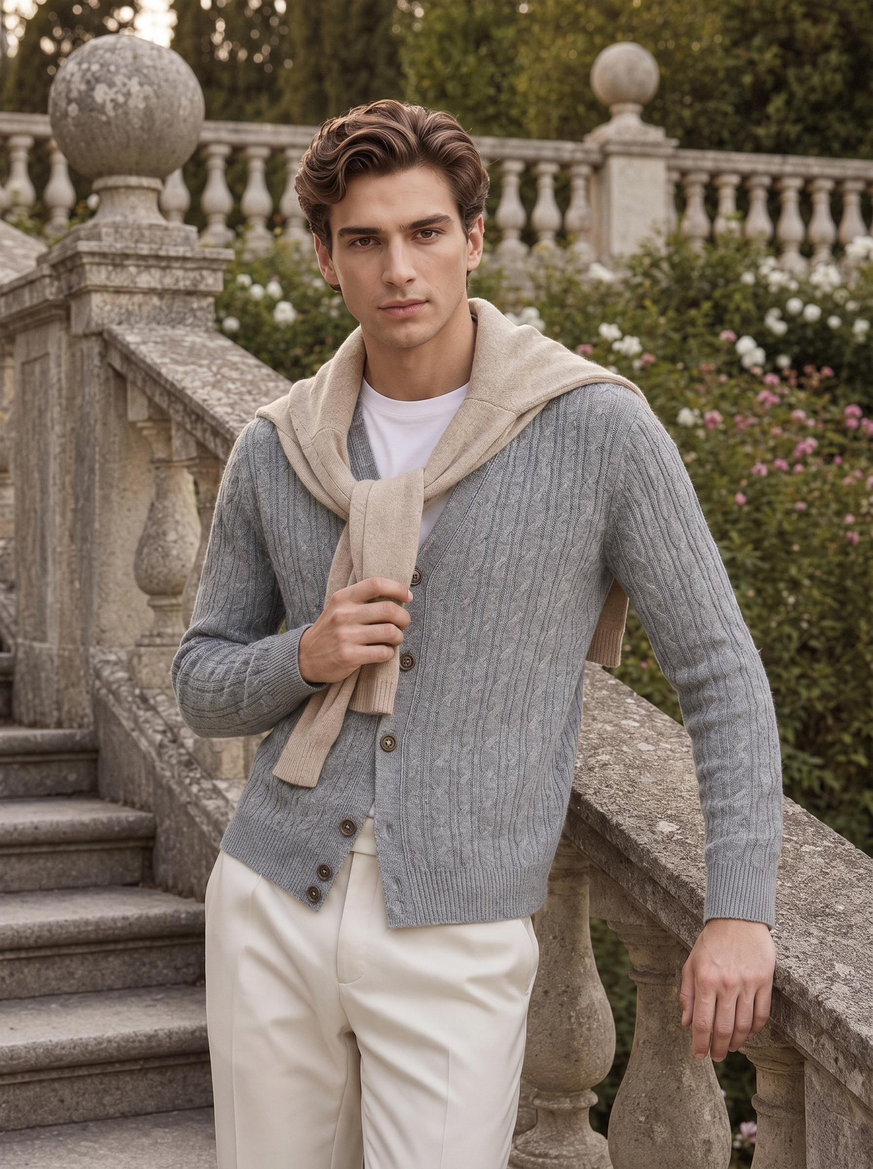 Men's 100% Mongolian Cashmere Cable Knit V-Neck Cardigan