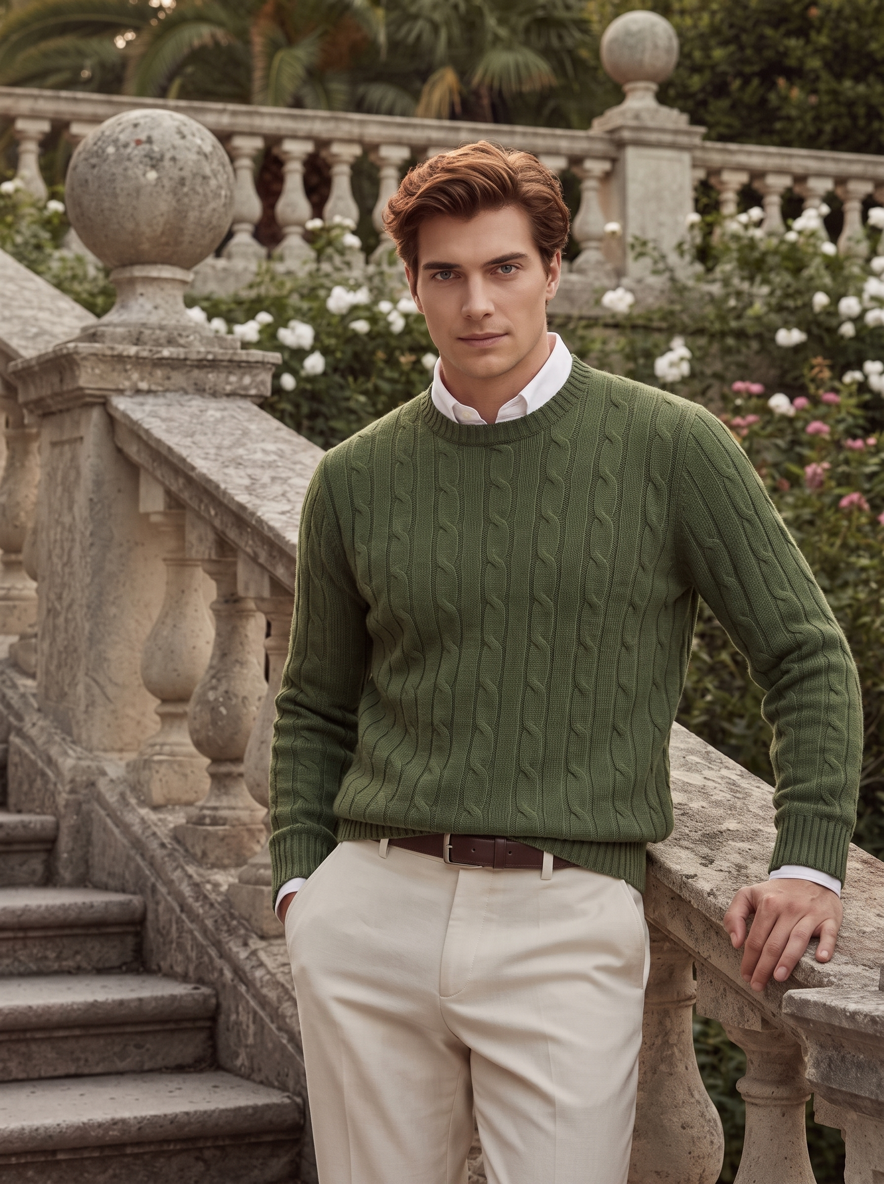Men's 100% Cashmere Cable Knit Crew Neck Sweater with Timeless Style