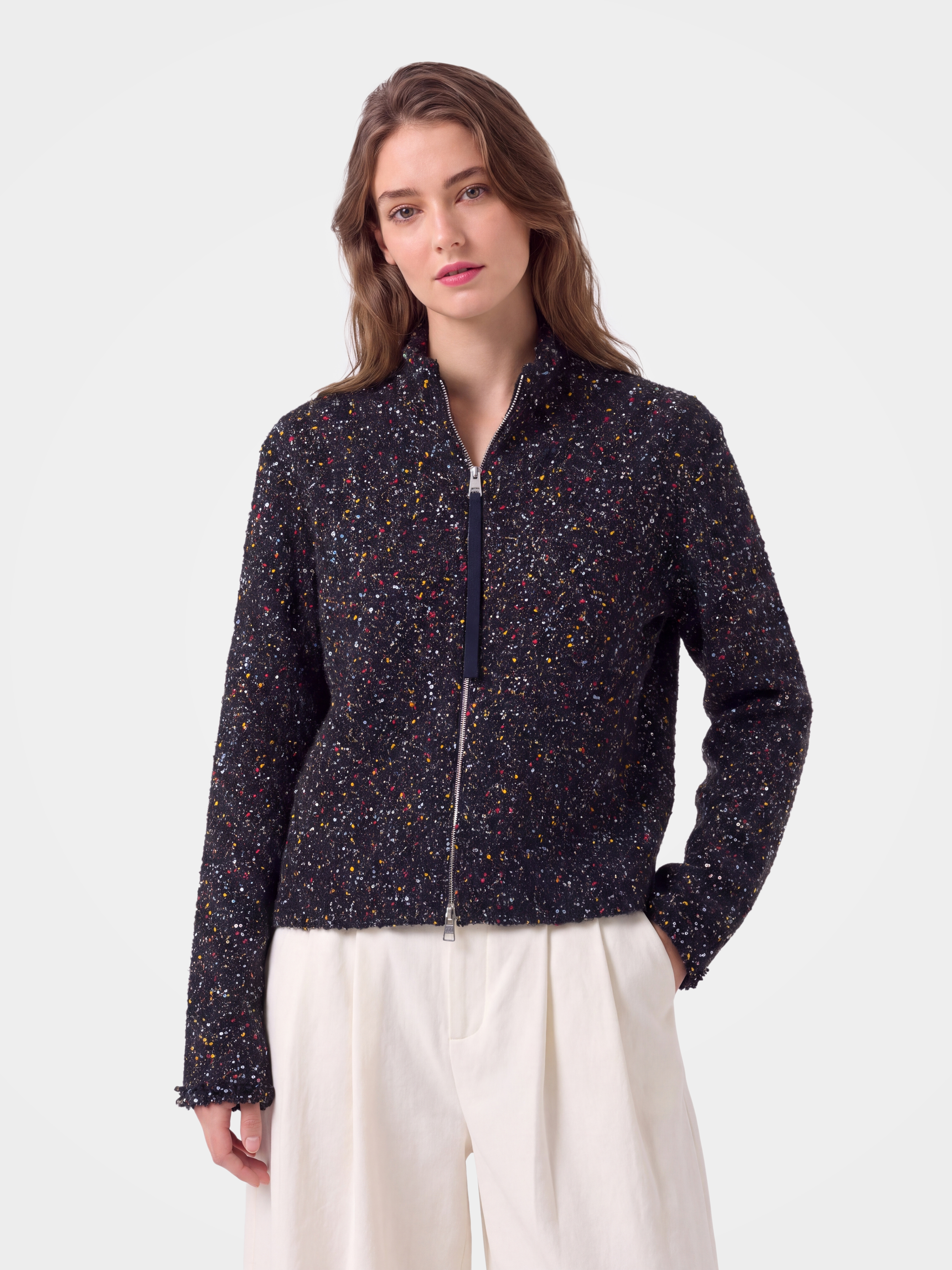 Cashmere Turtleneck Soft Shimmer Zip up Knit Cardigan