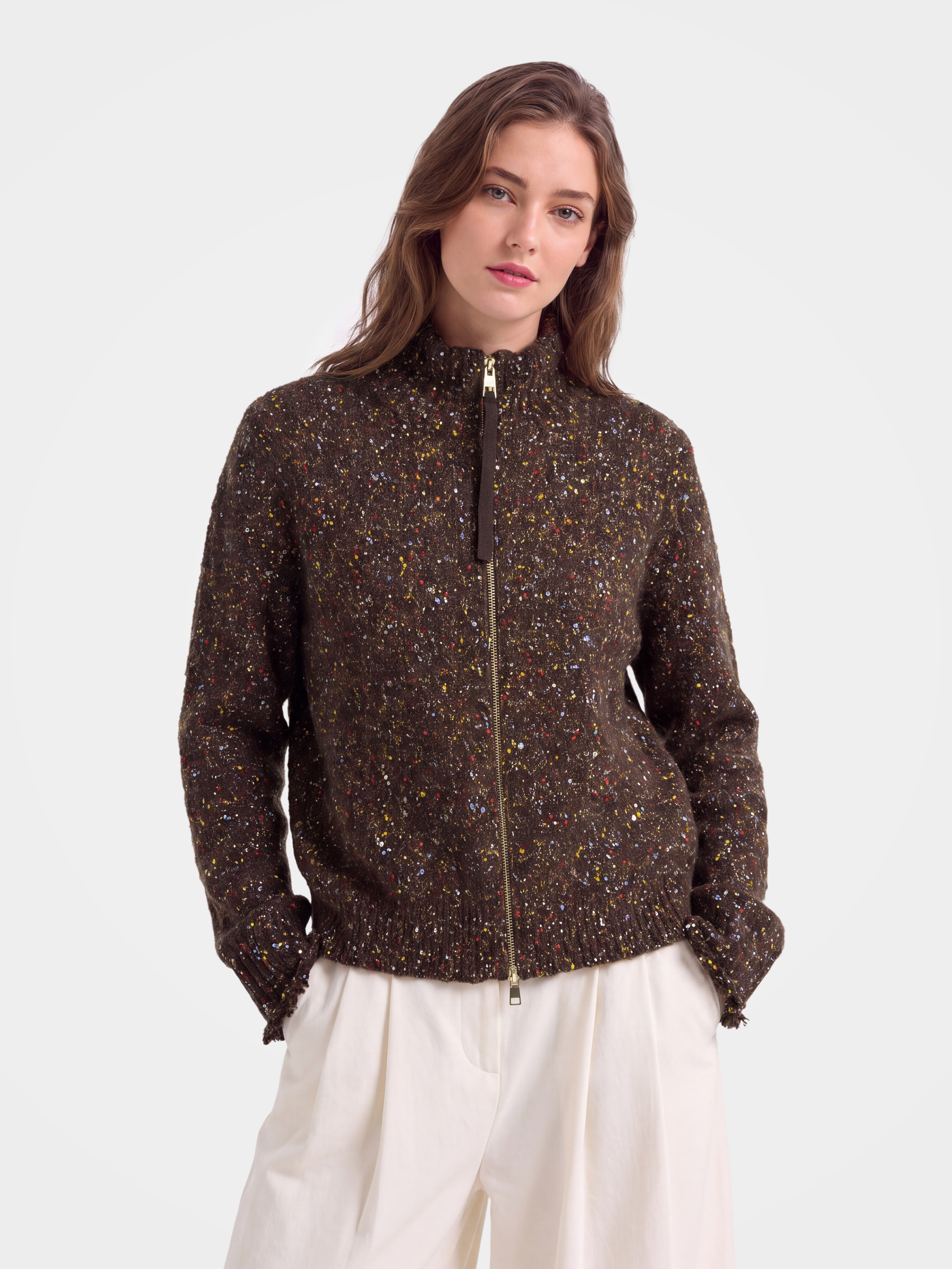 Cashmere Turtleneck Soft Shimmer Zip up Knit Cardigan