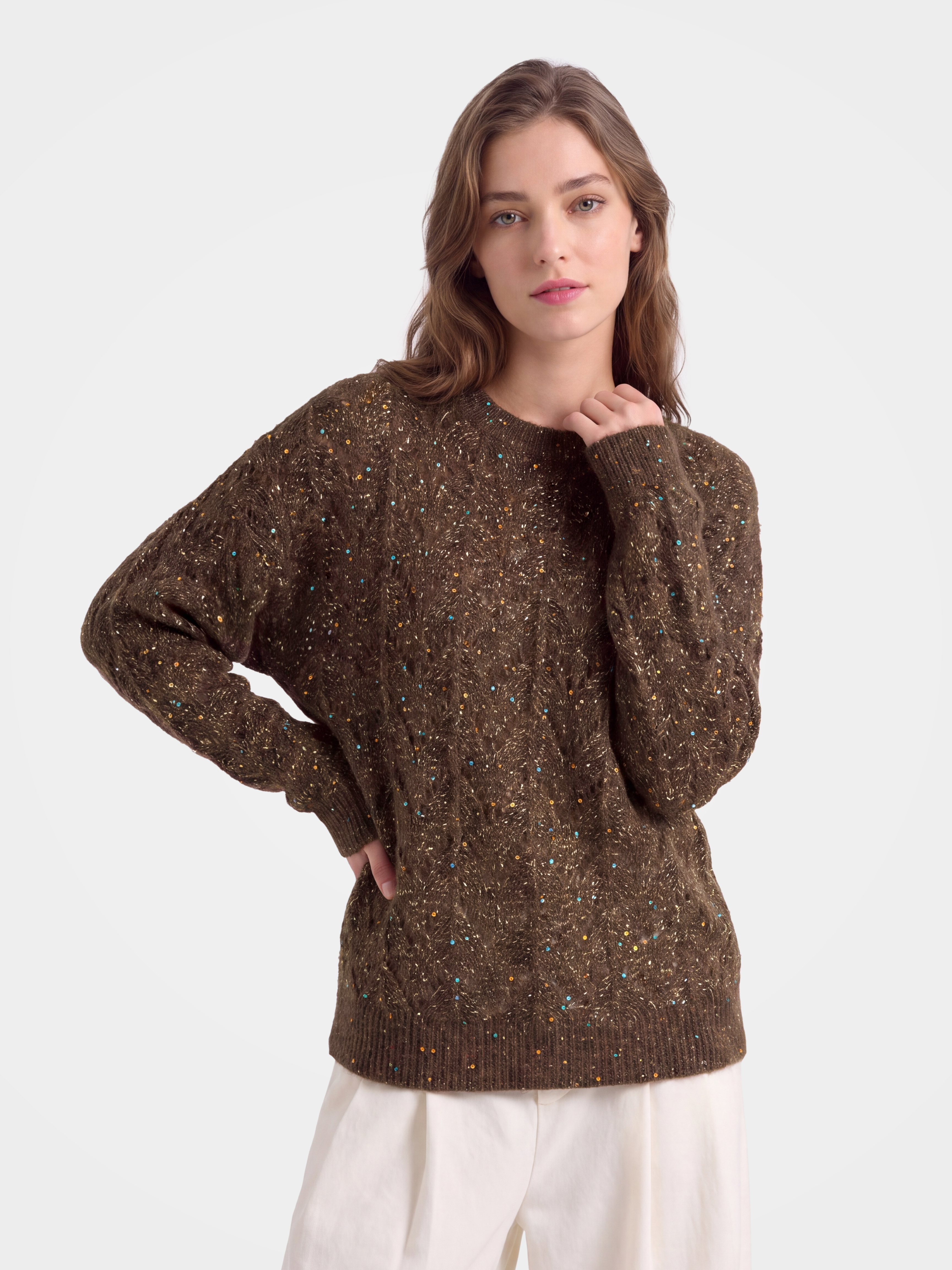 100% Cashmere Sweater Cable Knit Shimmer Pullover