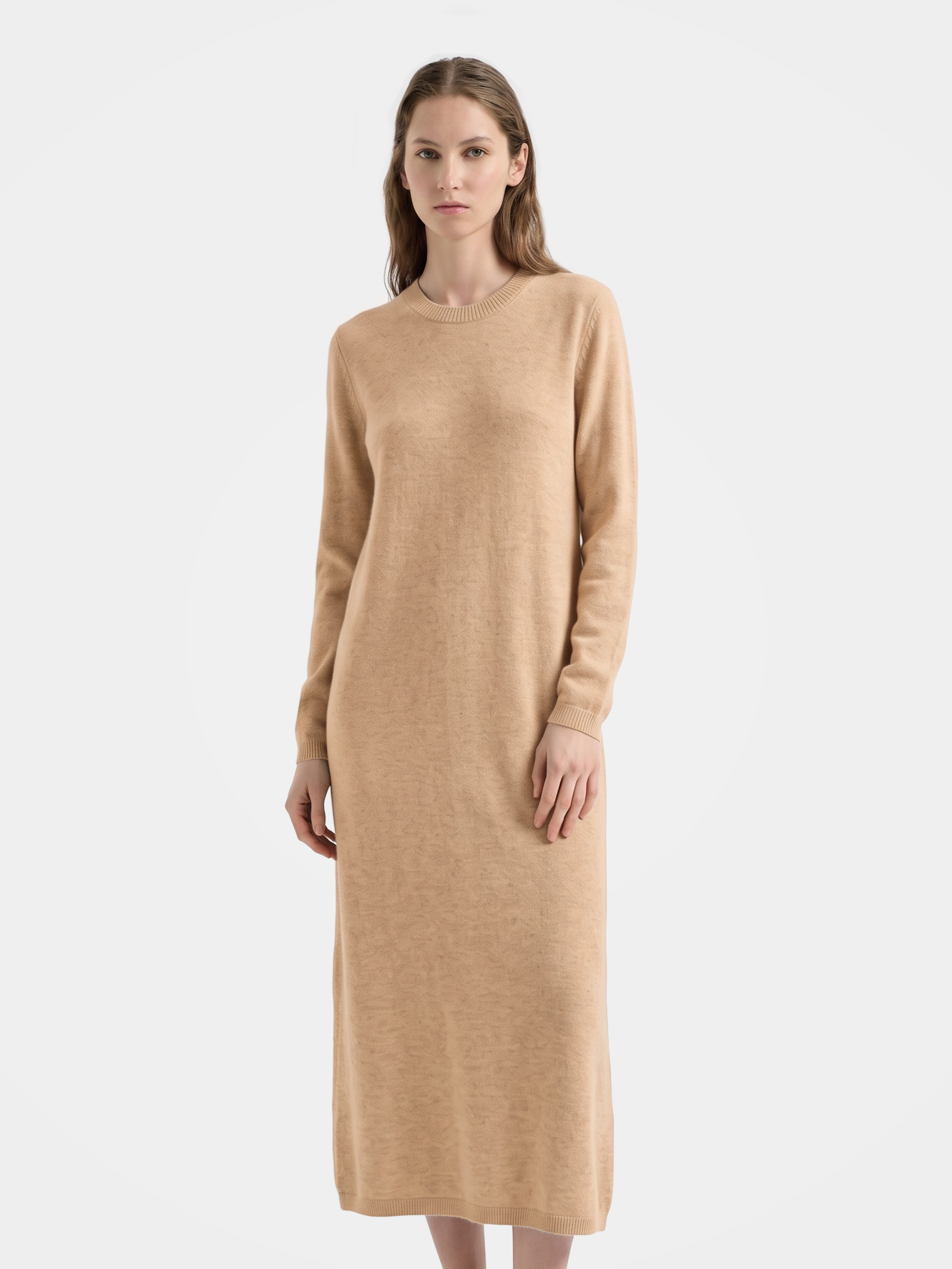 100% Cashmere Long Sleeve Crew Neck Midi Sweater Dress