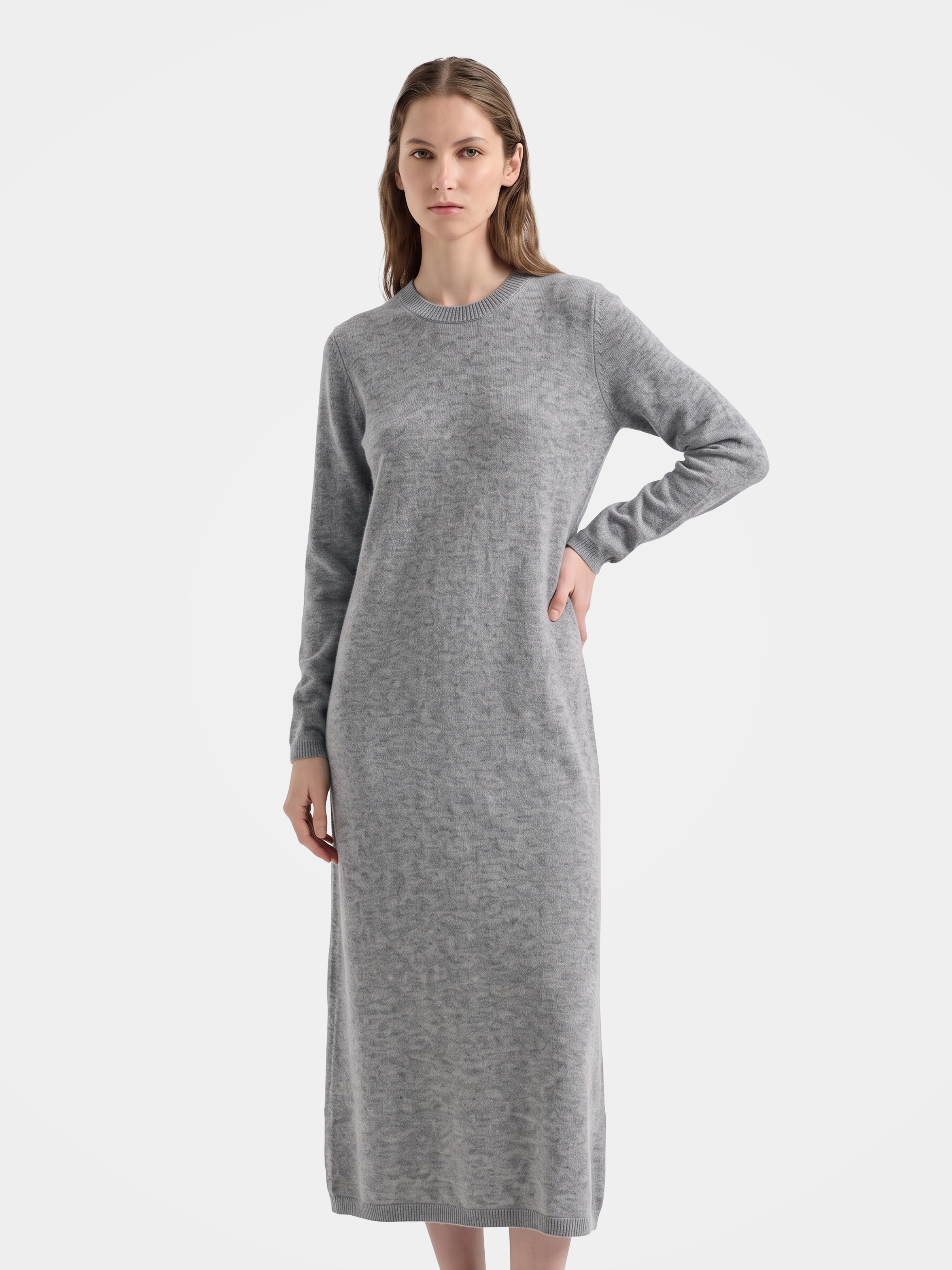 100% Cashmere Long Sleeve Crew Neck Midi Sweater Dress