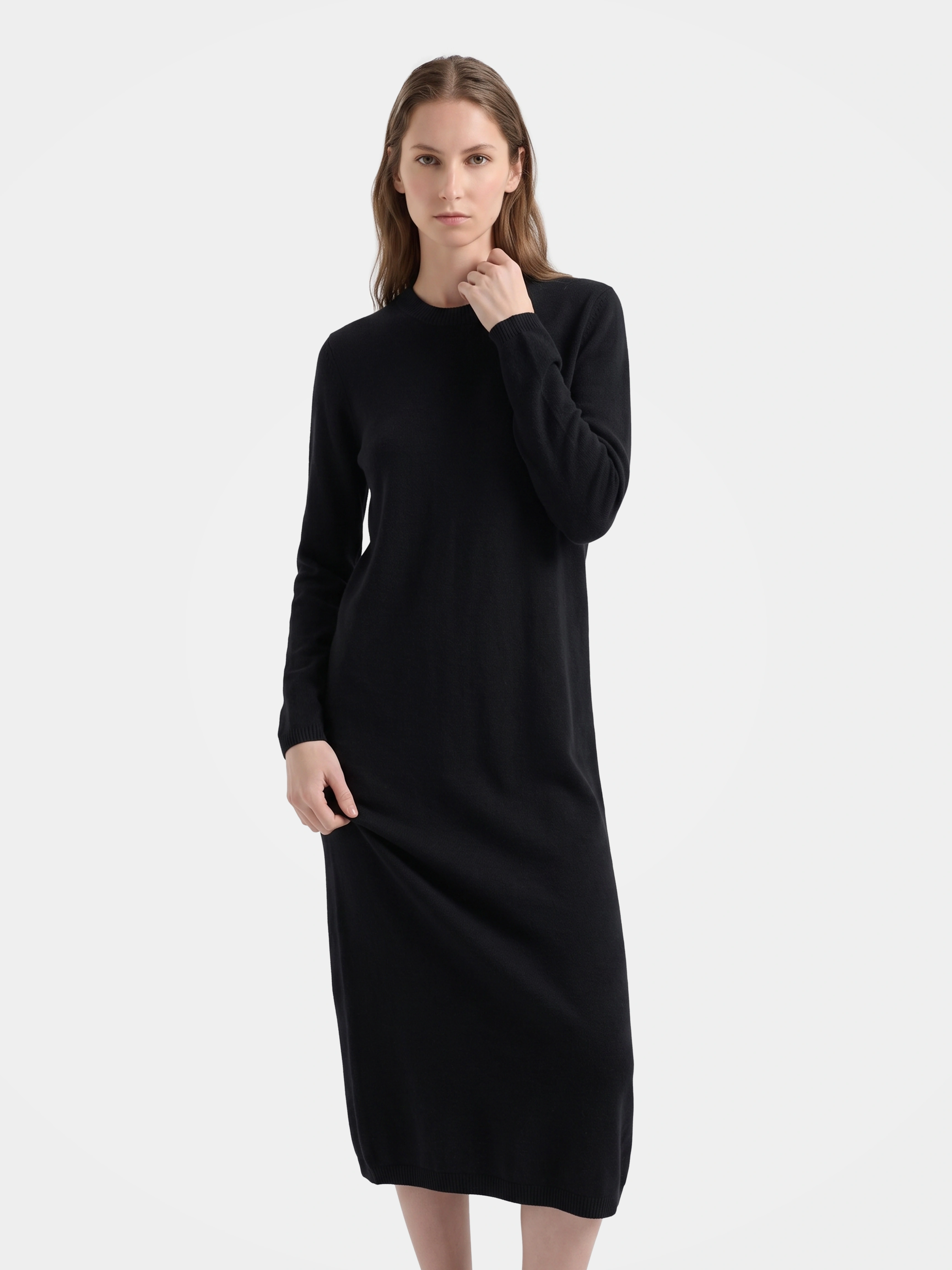100% Cashmere Long Sleeve Crew Neck Midi Sweater Dress
