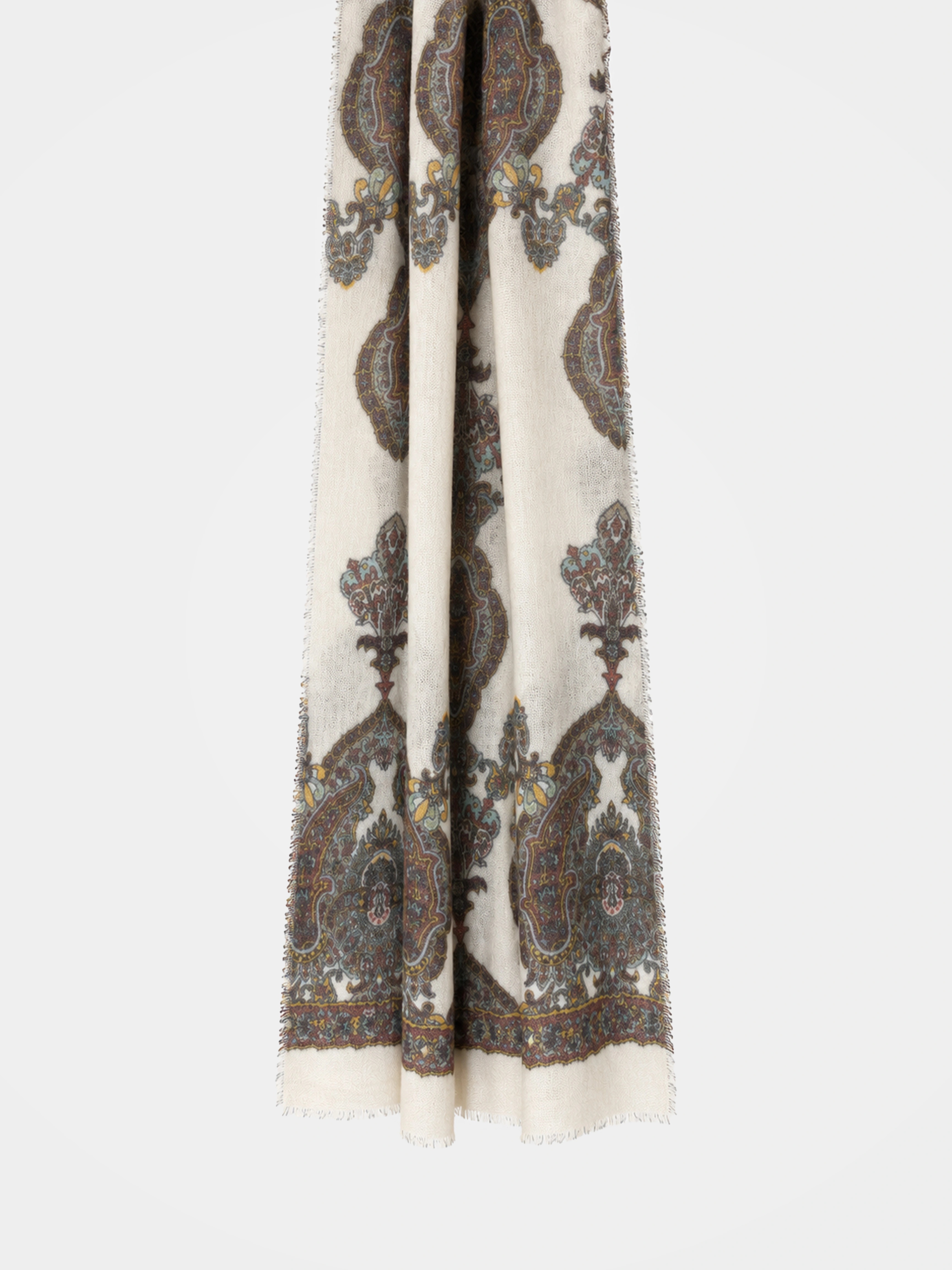 100% Cashmere Textured Paisley Fringe Long Scarf