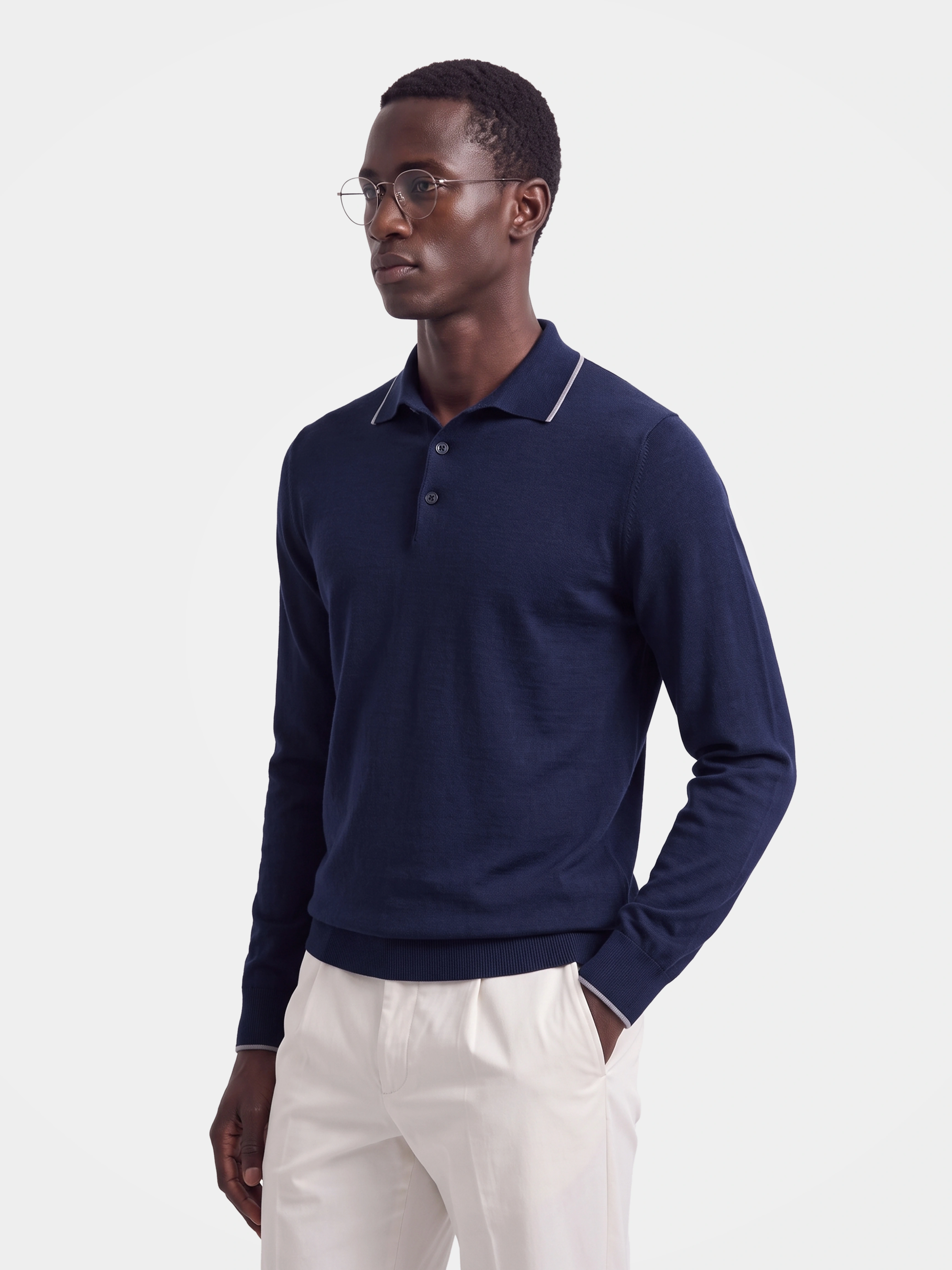 Men's Lightweight 100% Wool Long Sleeve Fine-Knit Polo