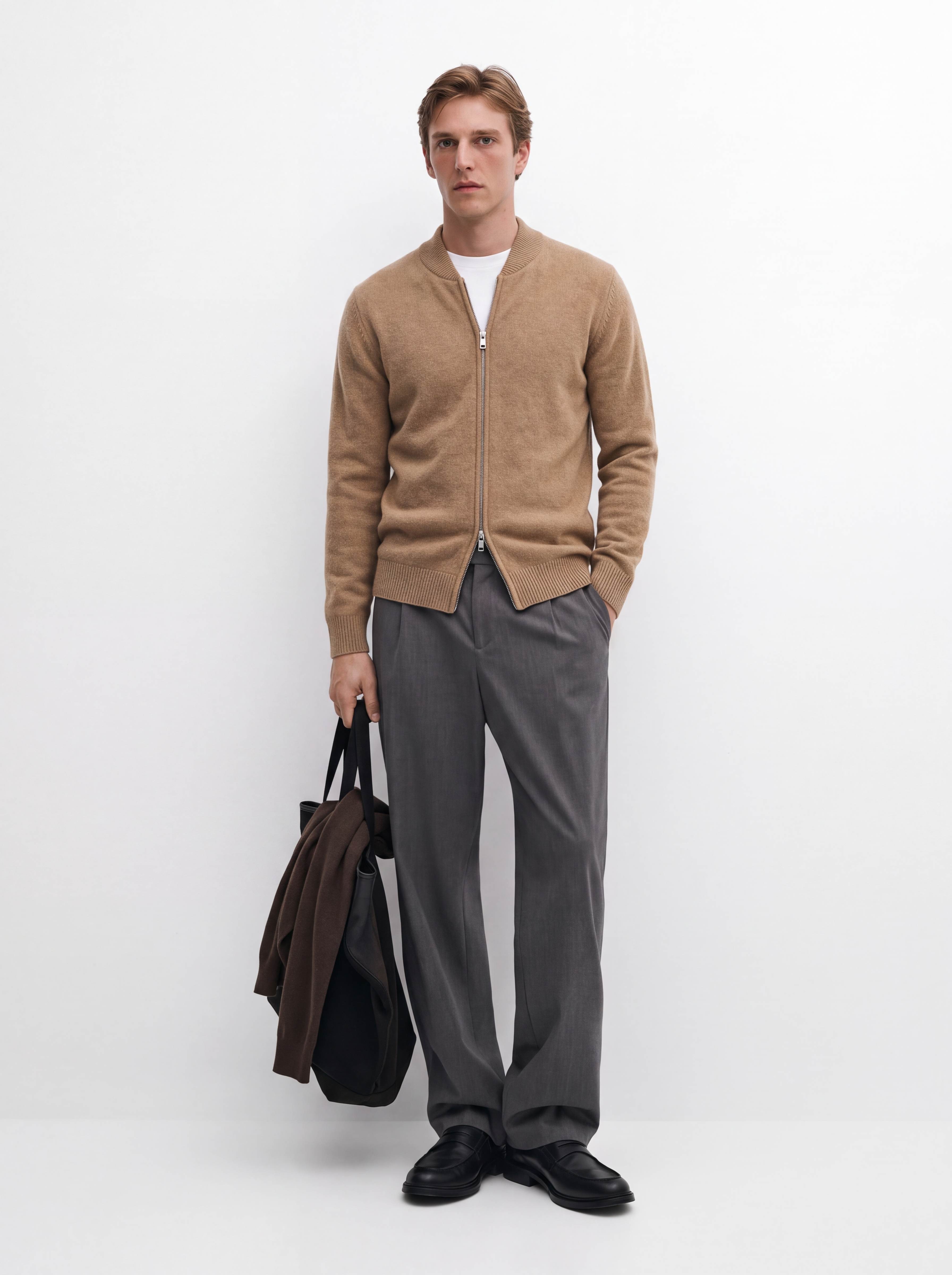 Men's 100% Cashmere Baseball Collar Zip Knit Cardigan