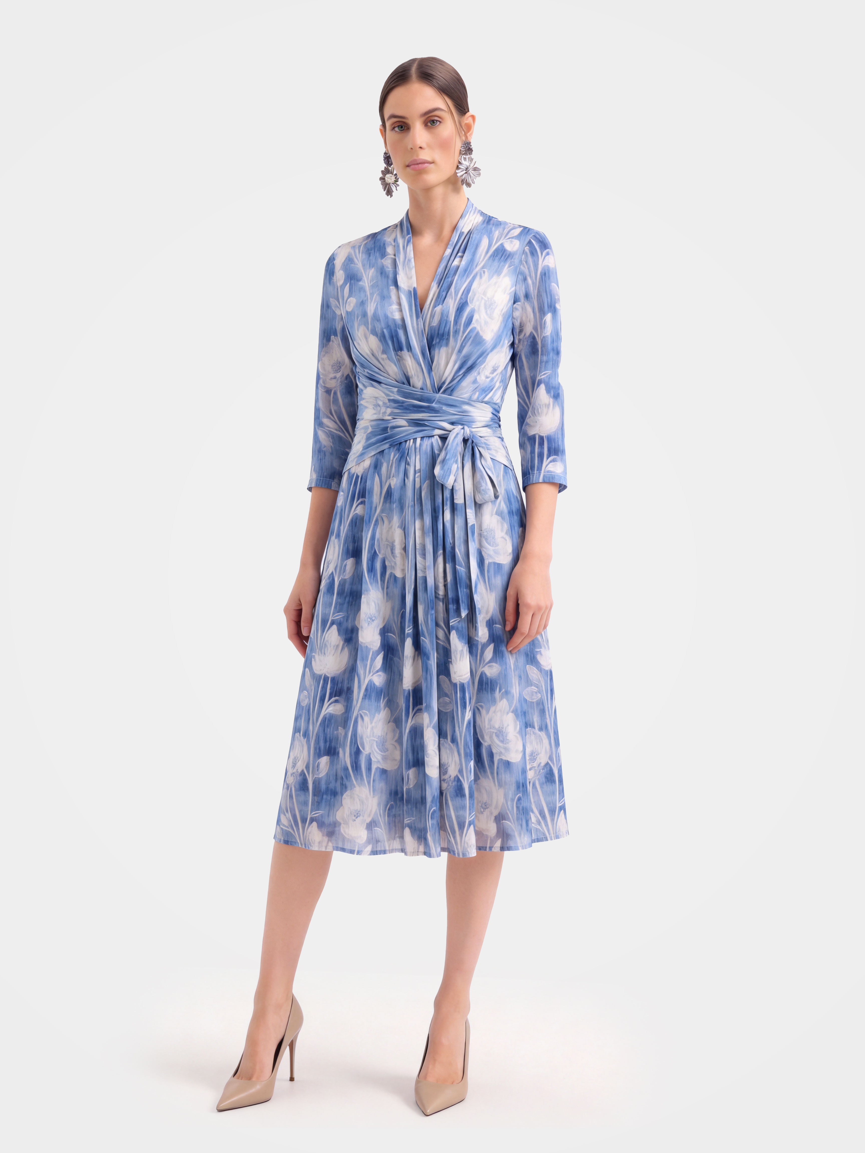 100% Mulberry Silk Floral Print Midi Dress