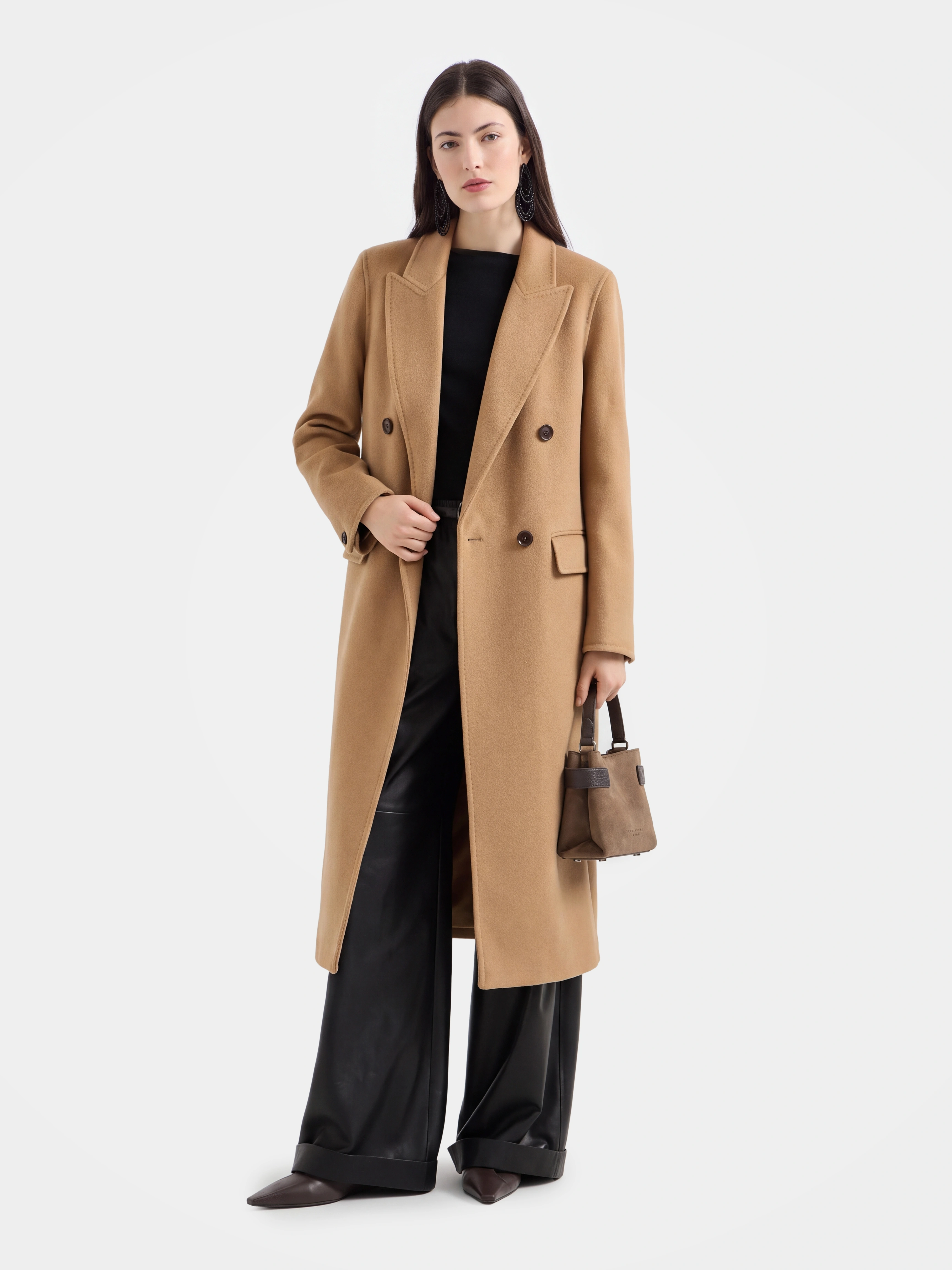 Wool Blend Double Breasted Long Coat Classic Notched Lapel Longline Jacket