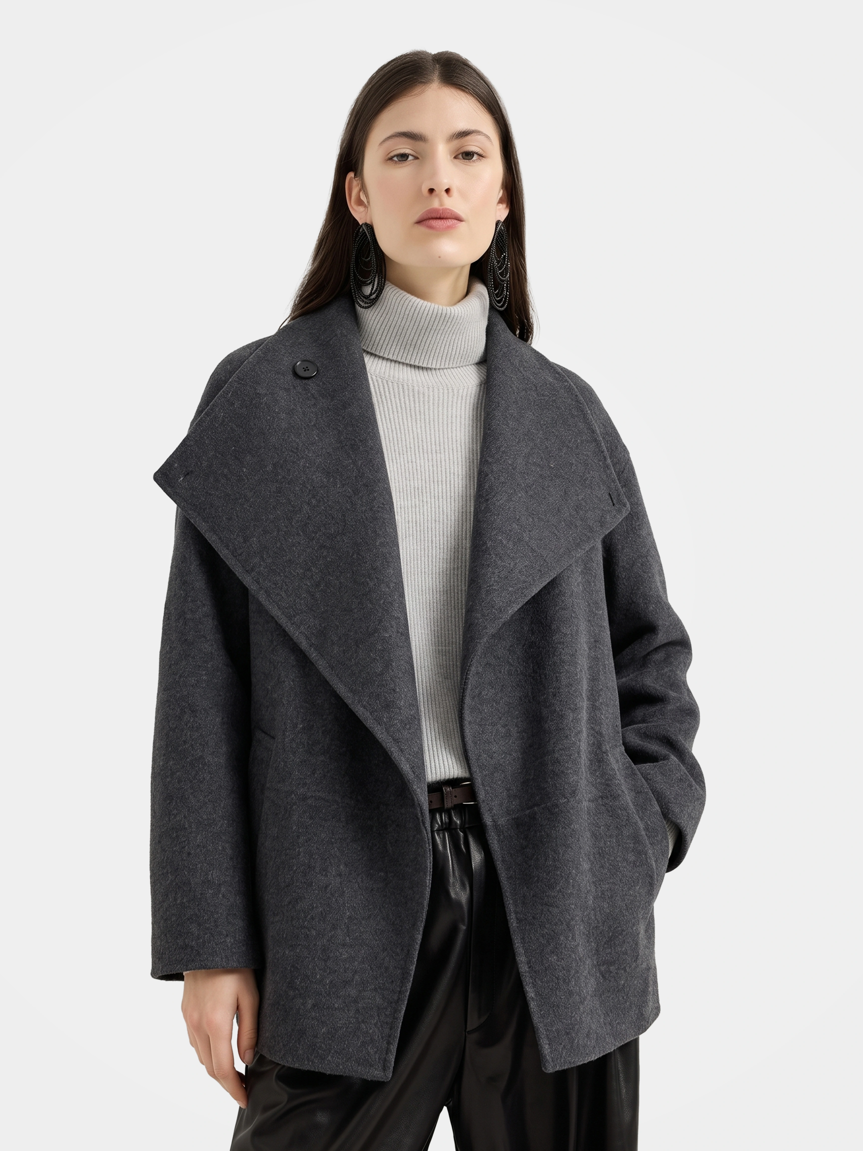 100% Wool Wrap Coat Double-Breasted Shawl Collar Open Front Warm Casual Jacket