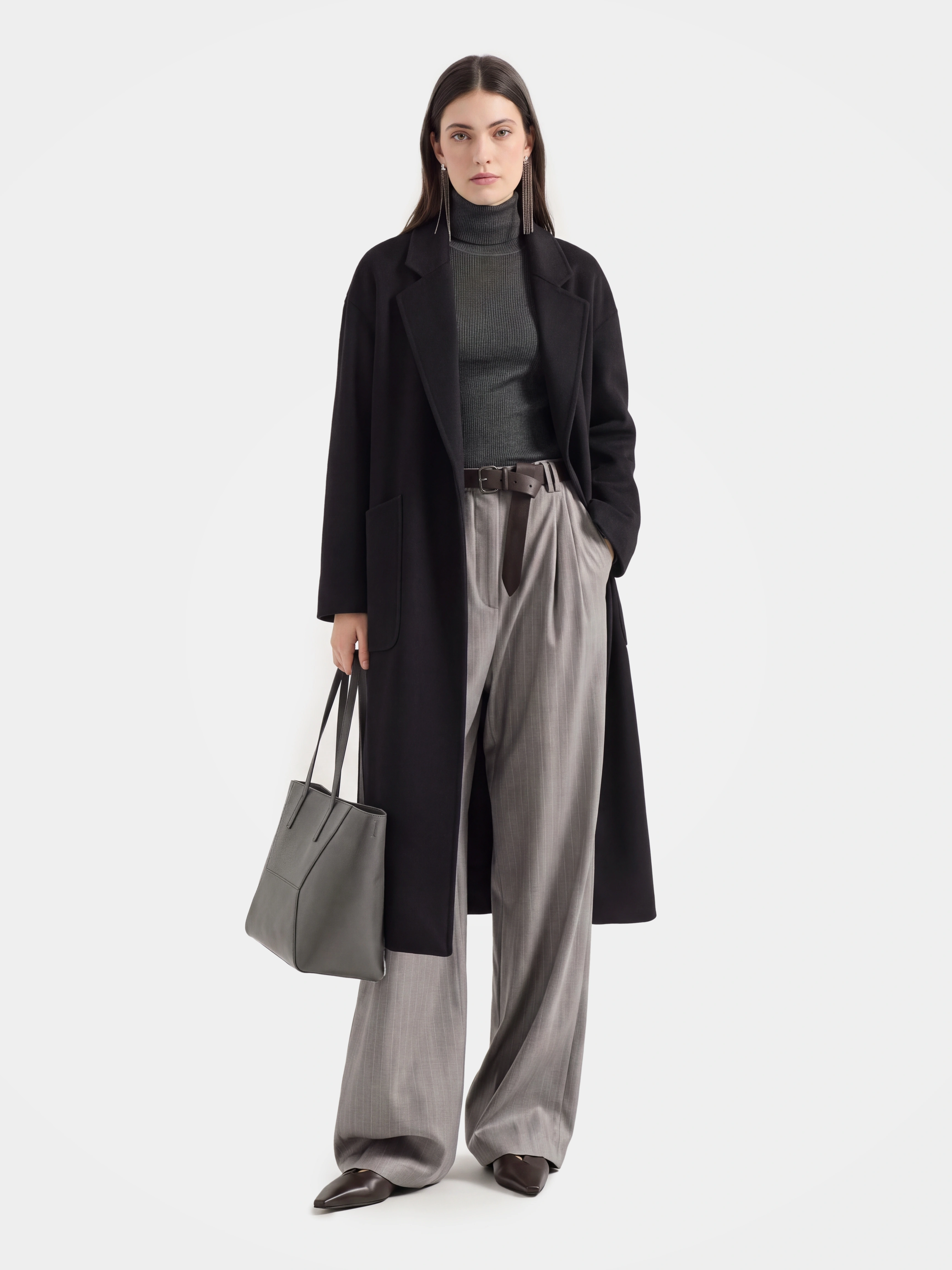Wool Long Wool Blend Coat Open Front Tailored Overcoat with Notched Lapels bathrobe